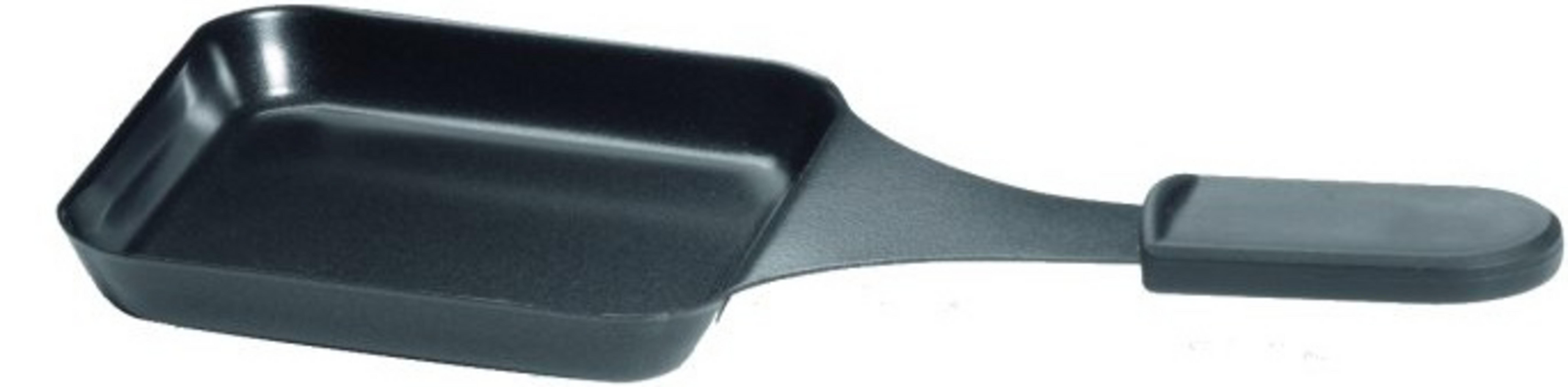 Una padella quadrata nera per raclette con manico.