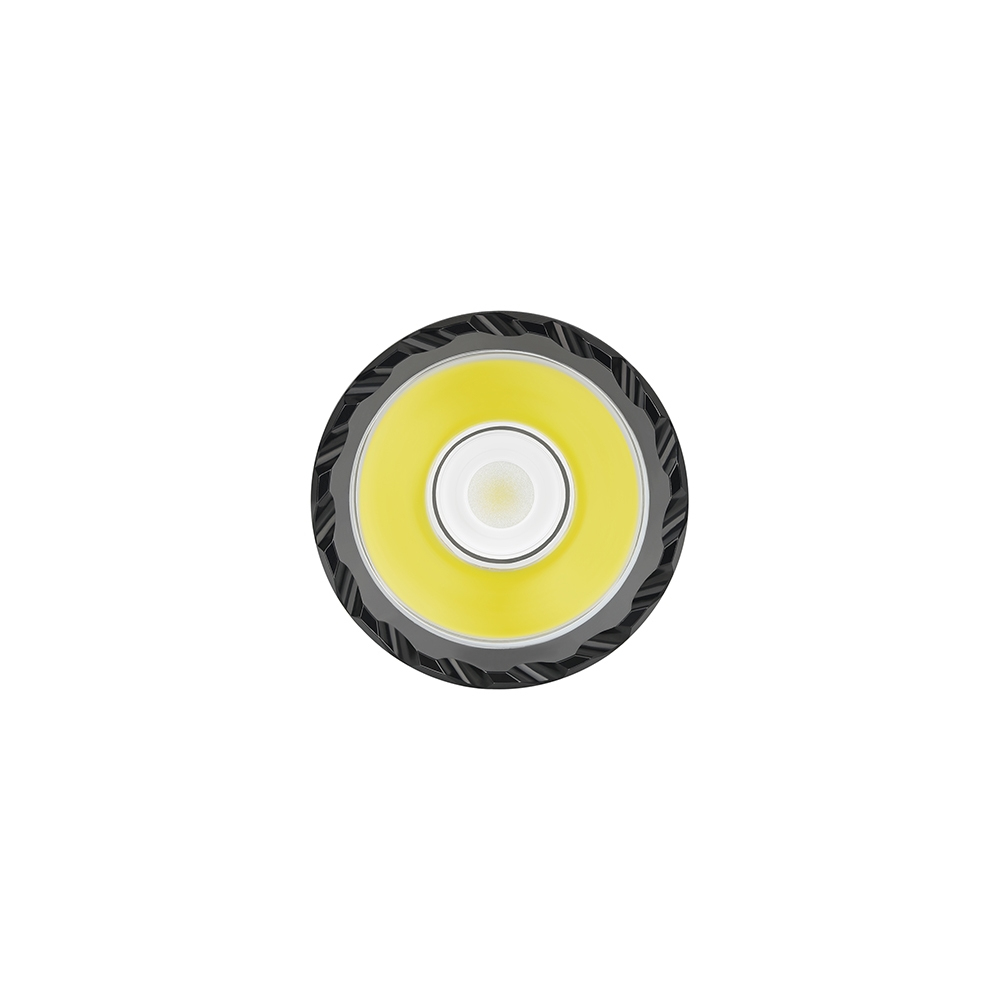 Vue de dessus d'une lampe de poche avec une lumière LED ronde et brillante et un bord texturé.