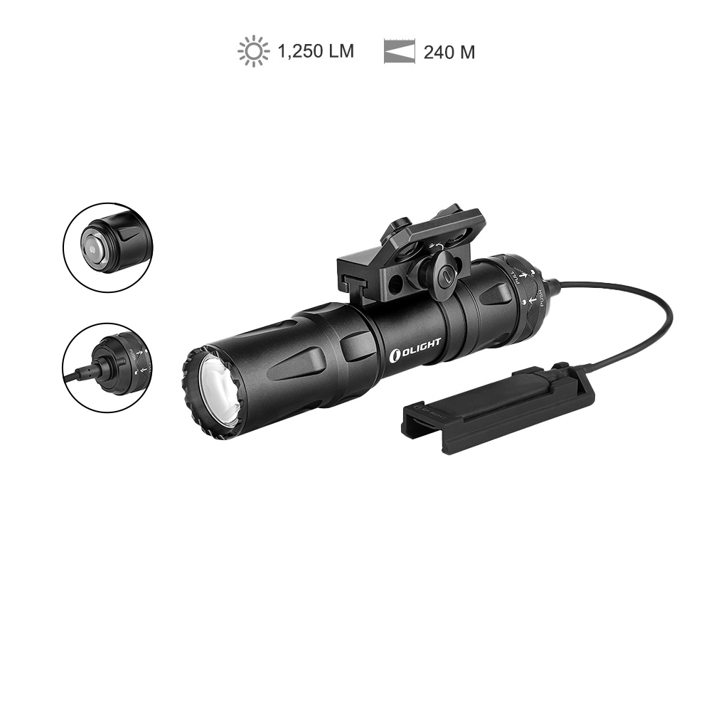 Lampe torche tactique noire avec support, interrupteur déporté et deux gros plans.