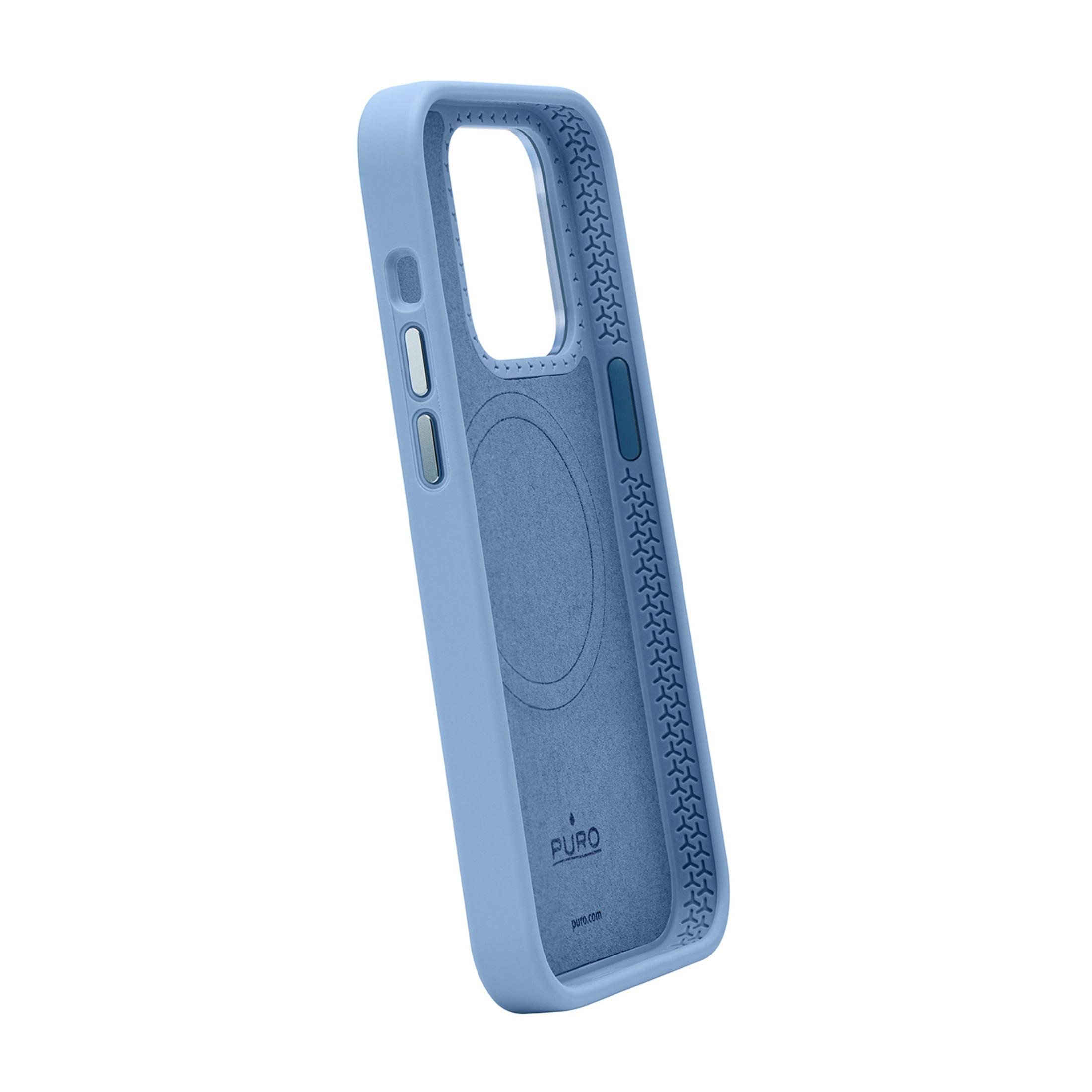Custodia blu per telefono con bordo a battistrada e logo Puro all'interno.