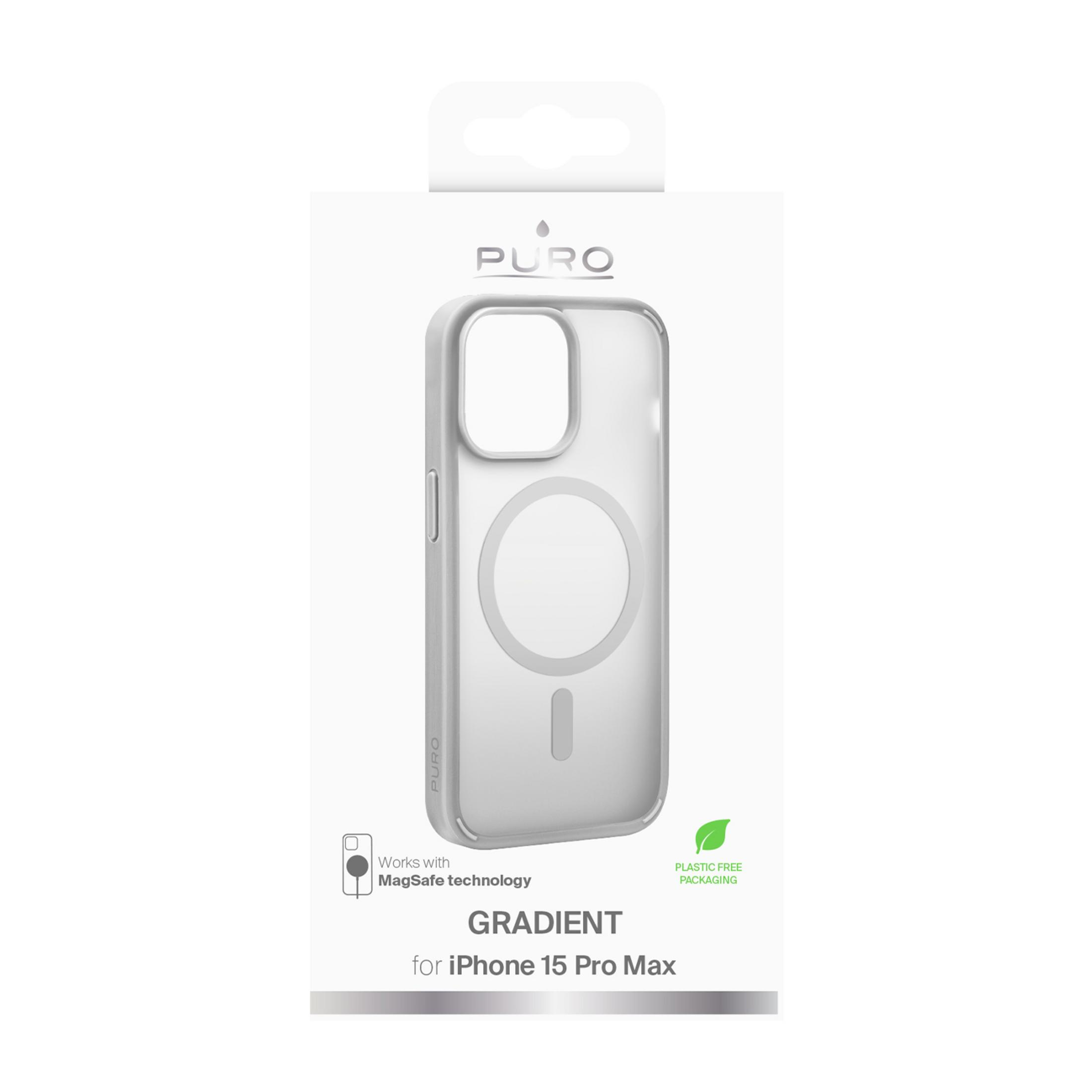 PURO MagSafe Hülle für iPhone 15 Pro Max, transparent, mit Aufschrift.