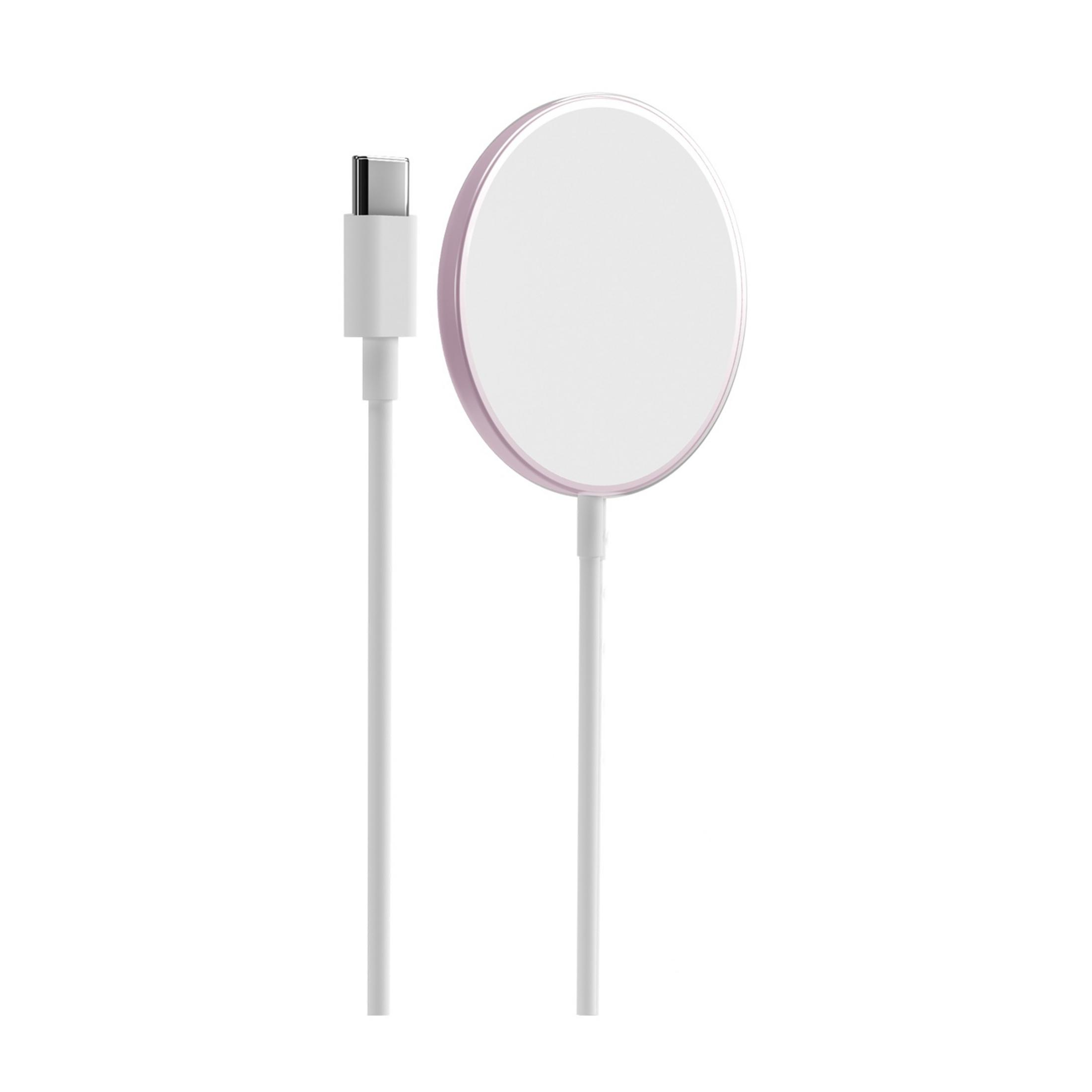 Cable USB-C blanco con un cargador redondo blanco y borde rosa.