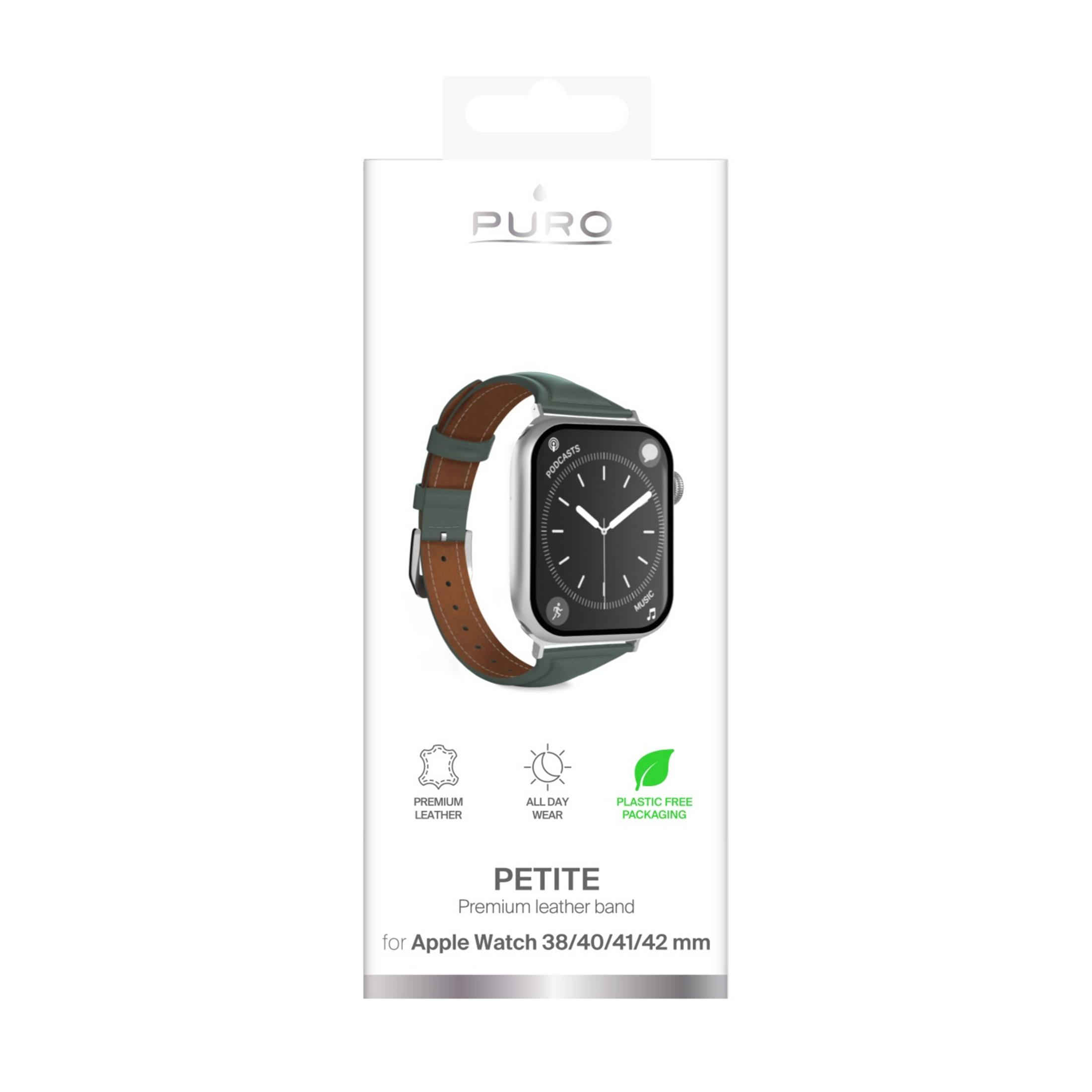 Embalaje de correa de Apple Watch con correa de cuero verde.