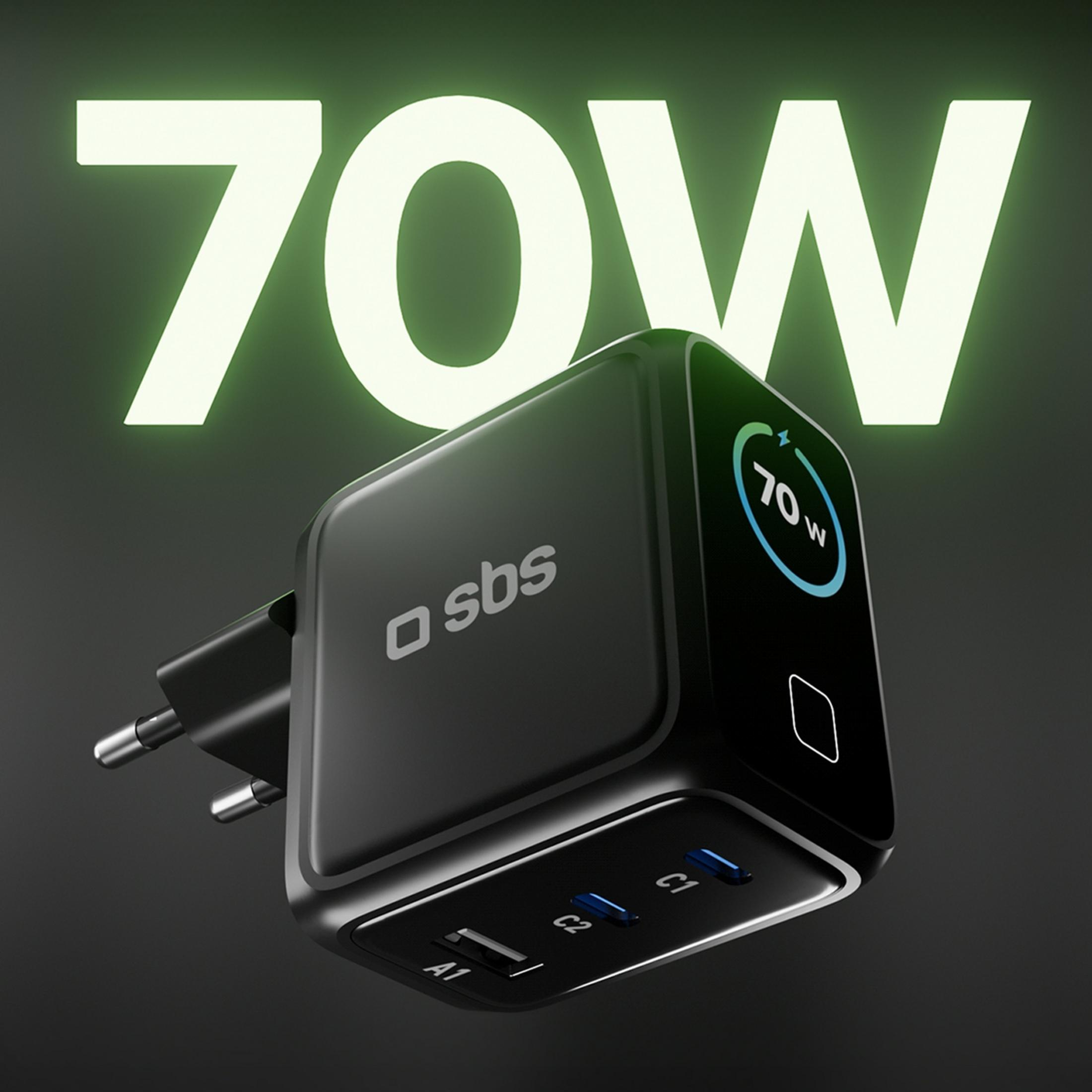Caricatore SBS nero da 70W con più porte USB e display digitale.