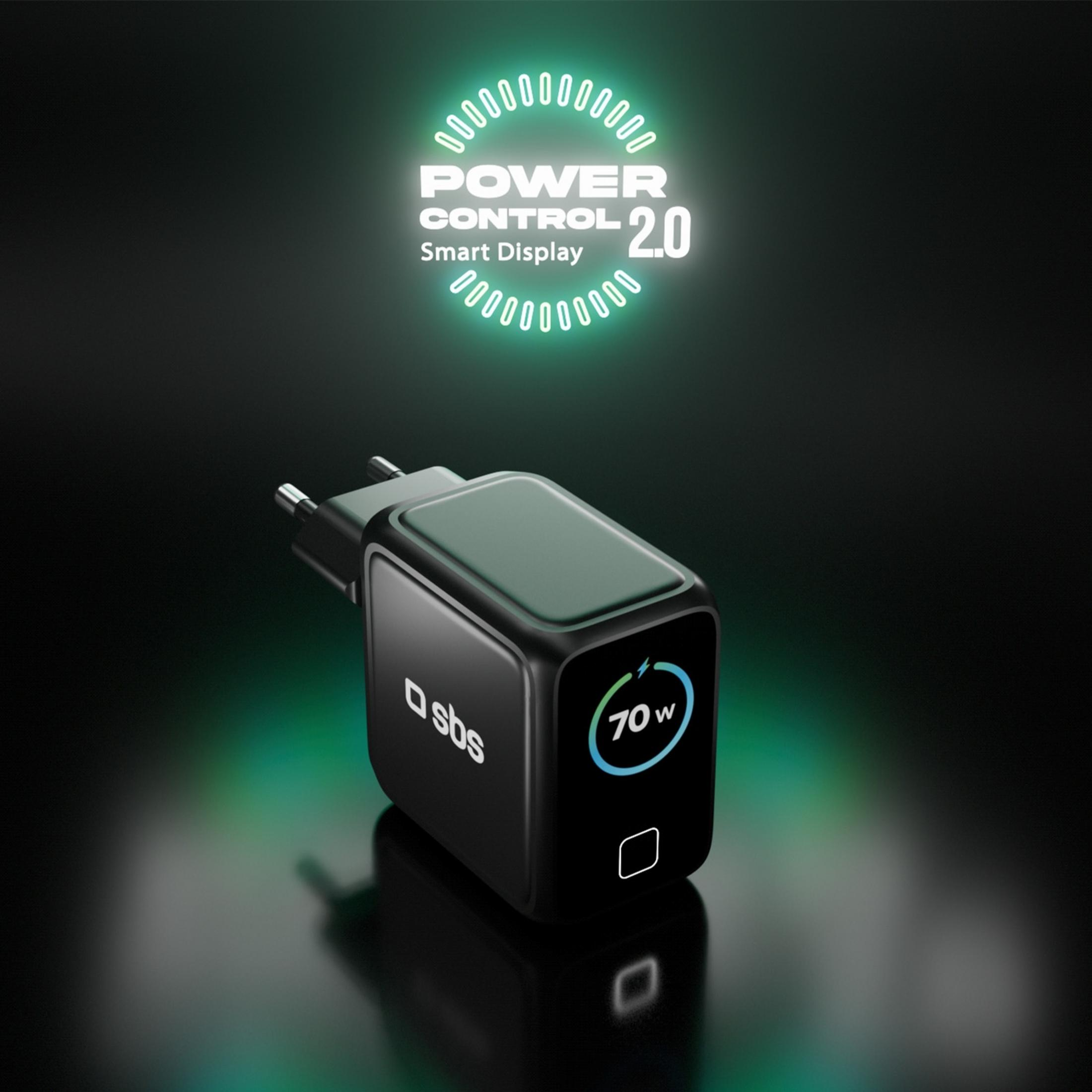 Caricatore nero con display digitale da 70W, logo SBS.