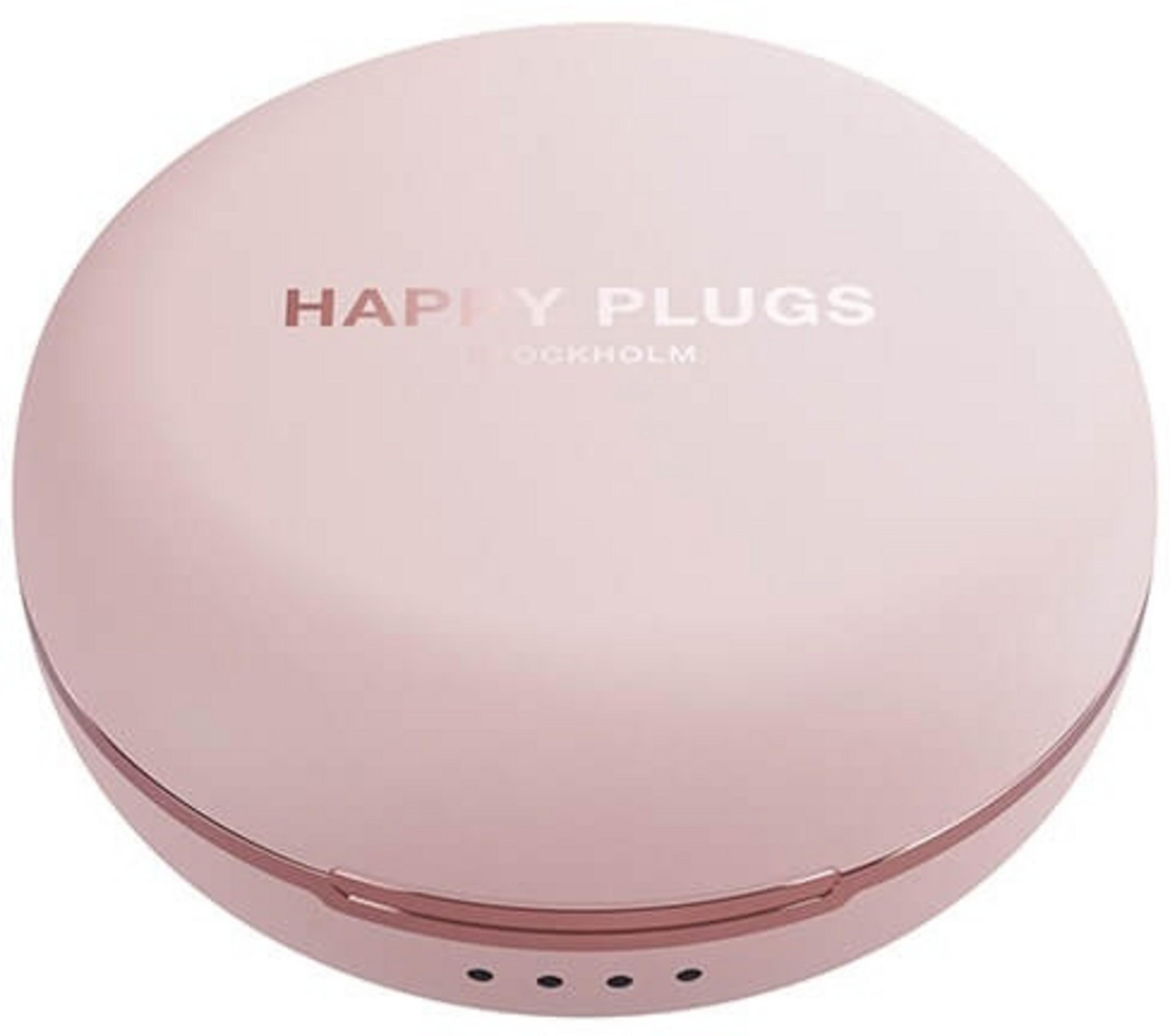 Ein rosafarbener Ladecase mit HAPPY PLUGS STOCKHOLM Schriftzug.