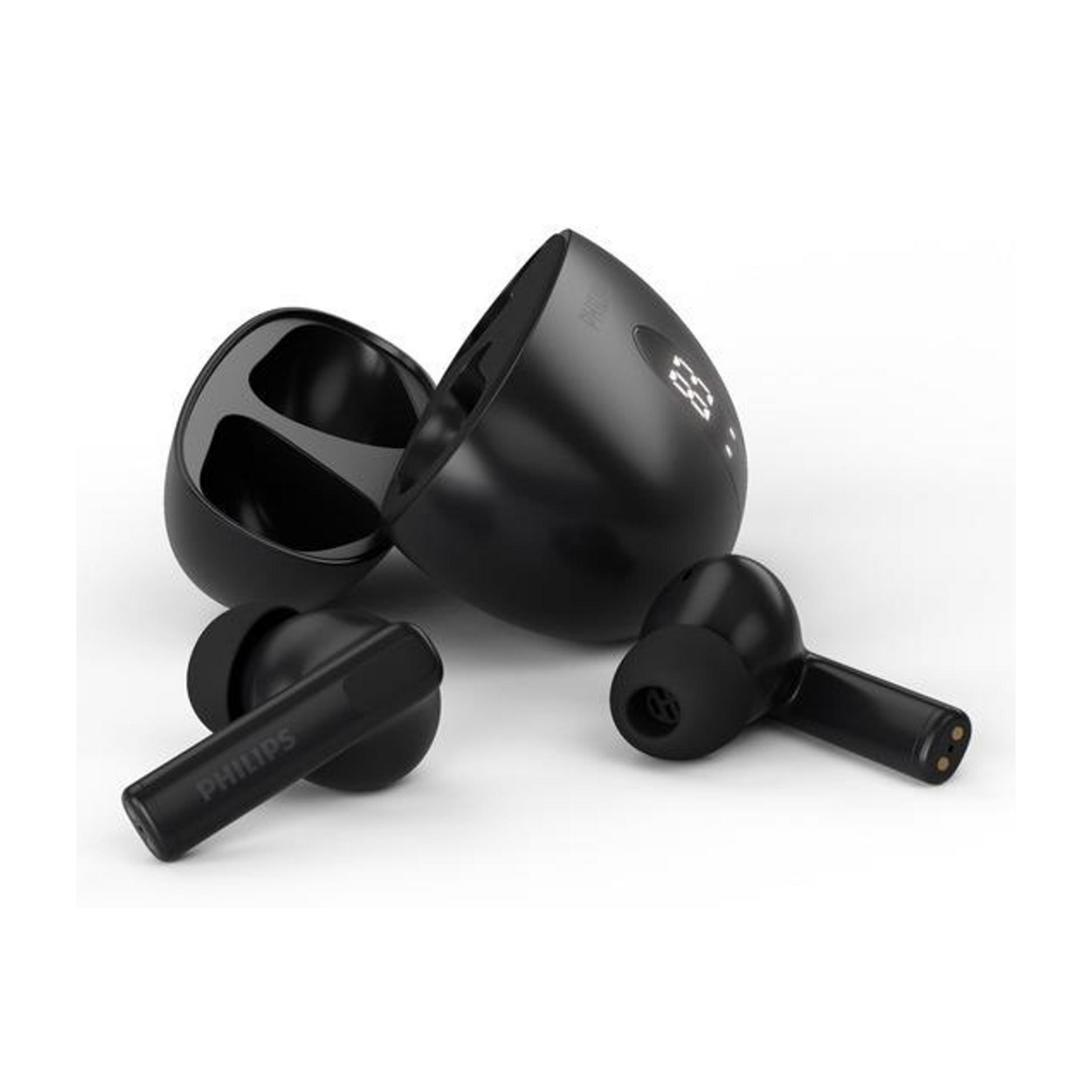 Auriculares Philips negros con estuche de carga y pantalla digital.