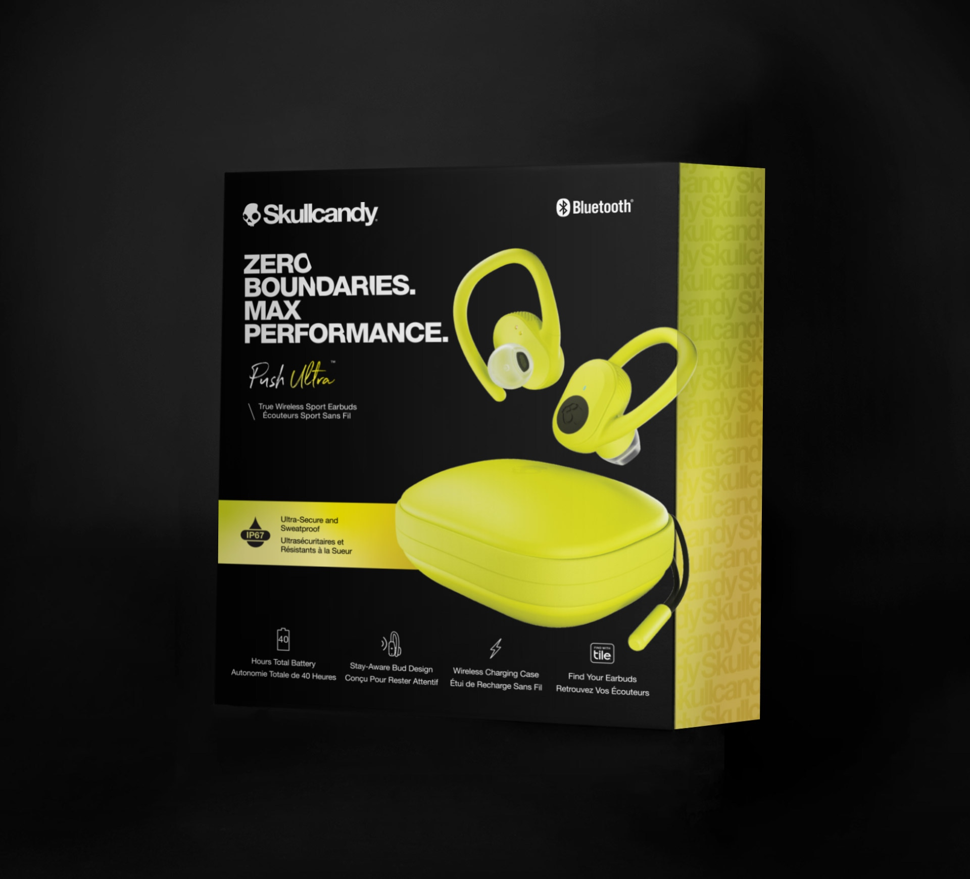 Skullcandy Push Ultra Sport-Ohrhörer in Neongelb mit Ladecase.
