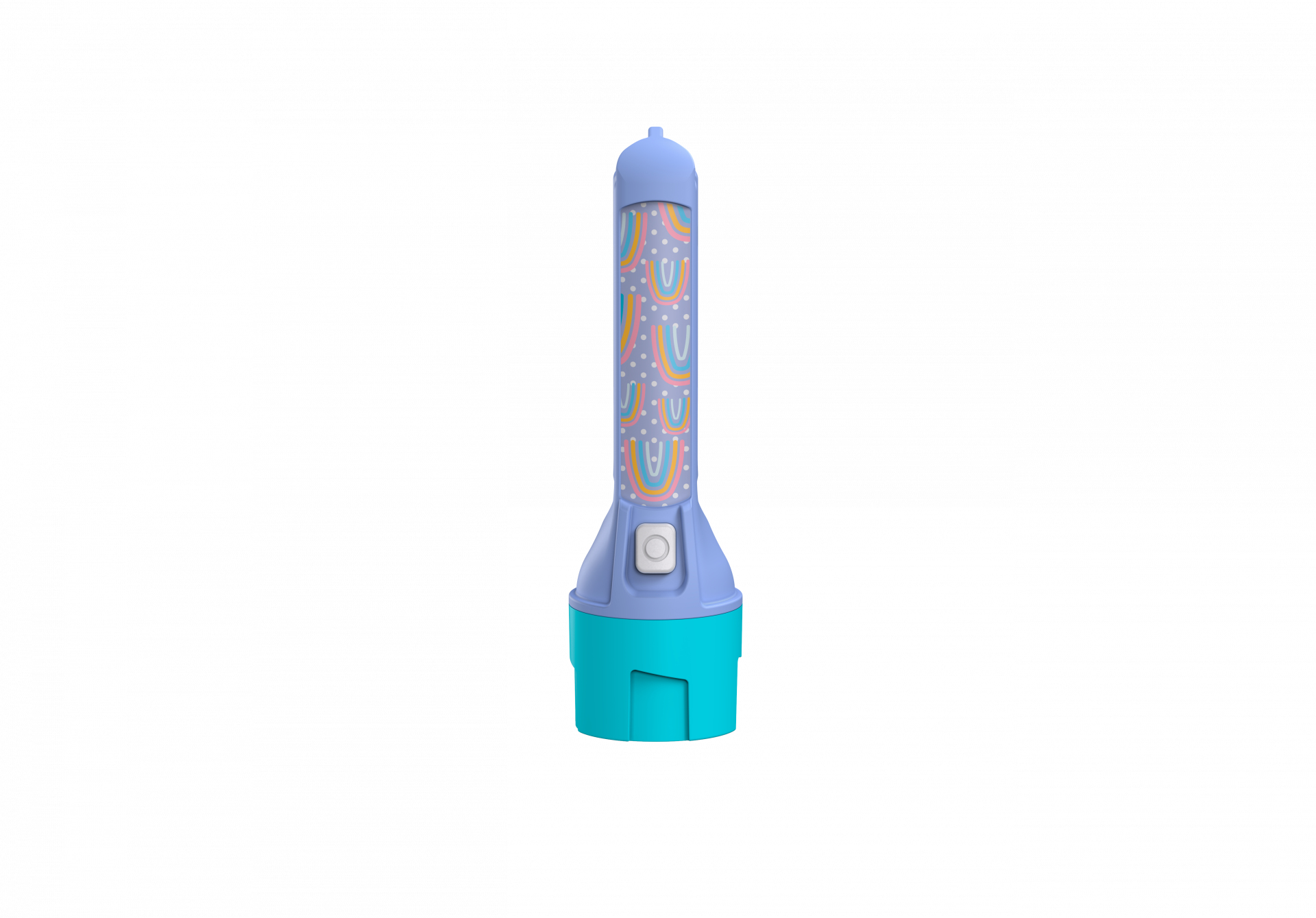 Eine Taschenlampe mit einem blauen Griff und einem bunten Regenbogenmuster.