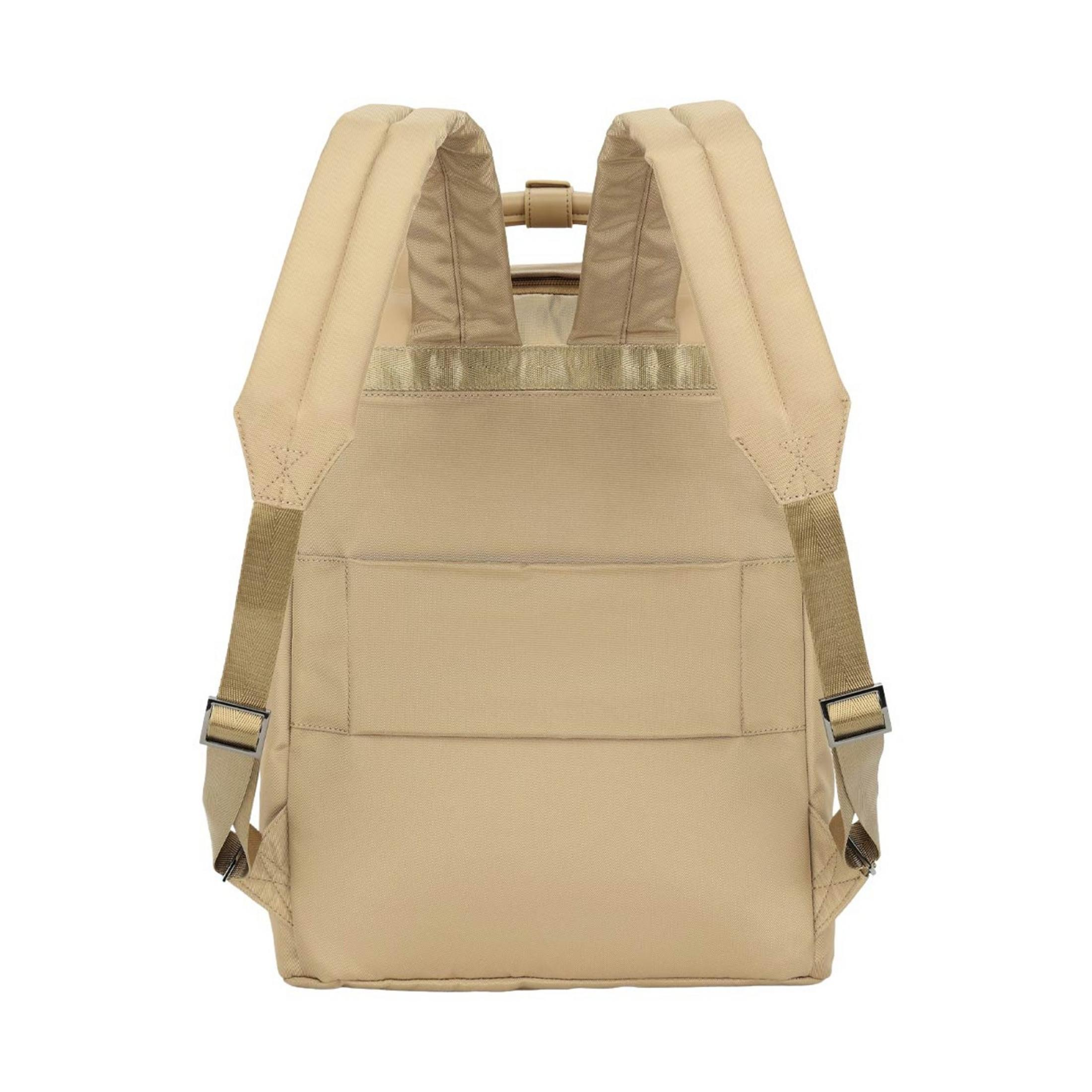 Rückseite eines beigefarbenen Rucksacks mit gepolsterten Schultergurten.