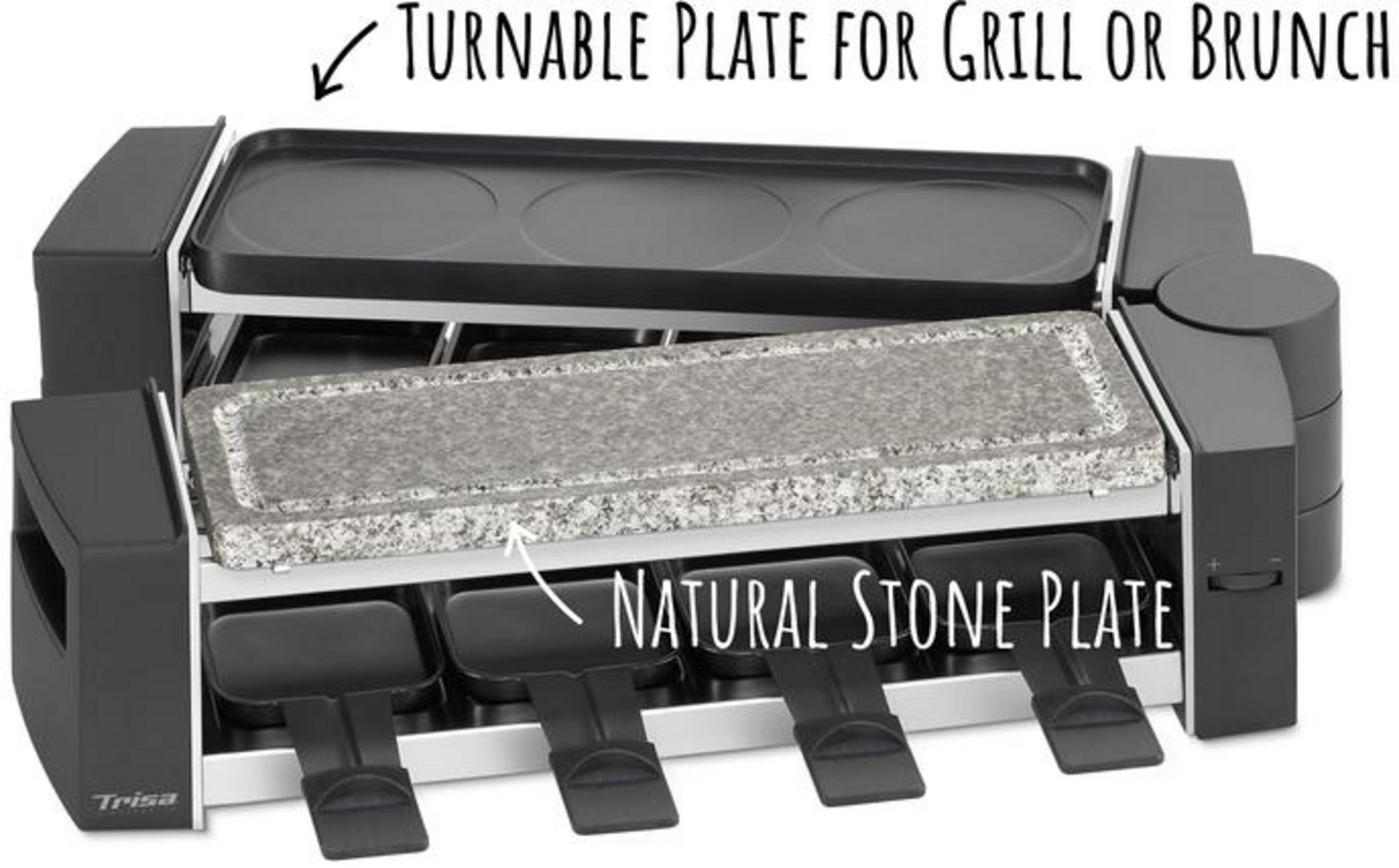 Ein Raclette-Grill mit einer Steinplatte und einer wendbaren Grillplatte.