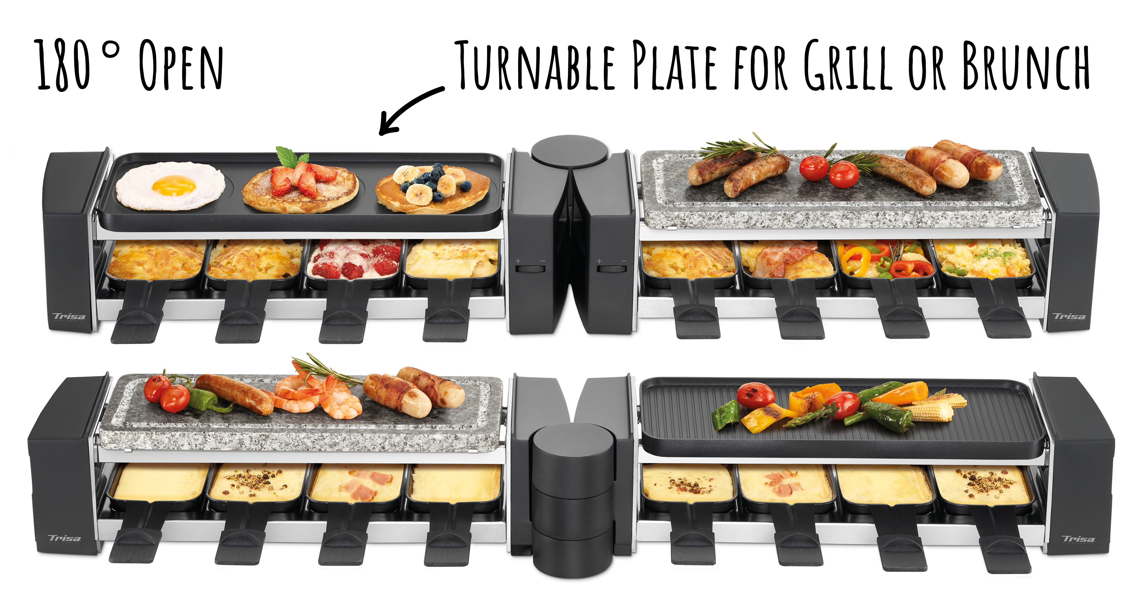 Zwei Raclette-Grills mit verschiedenen Speisen wie Eiern, Pfannkuchen, Würstchen und Gemüse.
