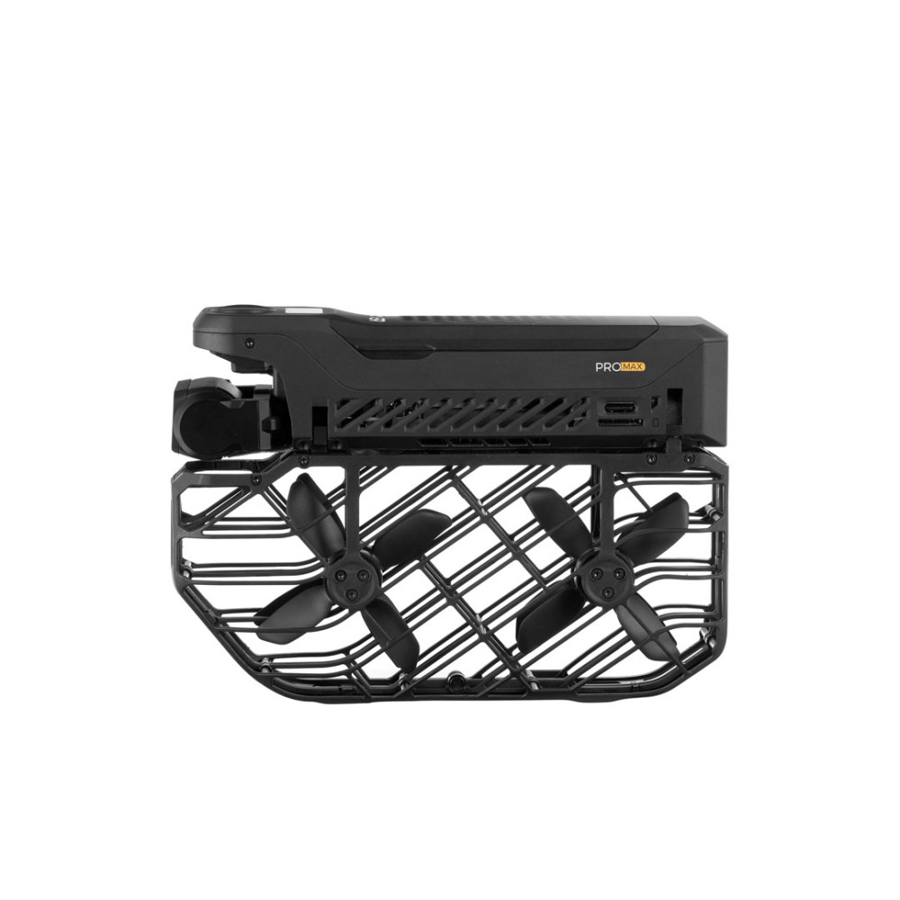 Czarny składany korpus drona z dwoma śmigłami w klatce ochronnej.