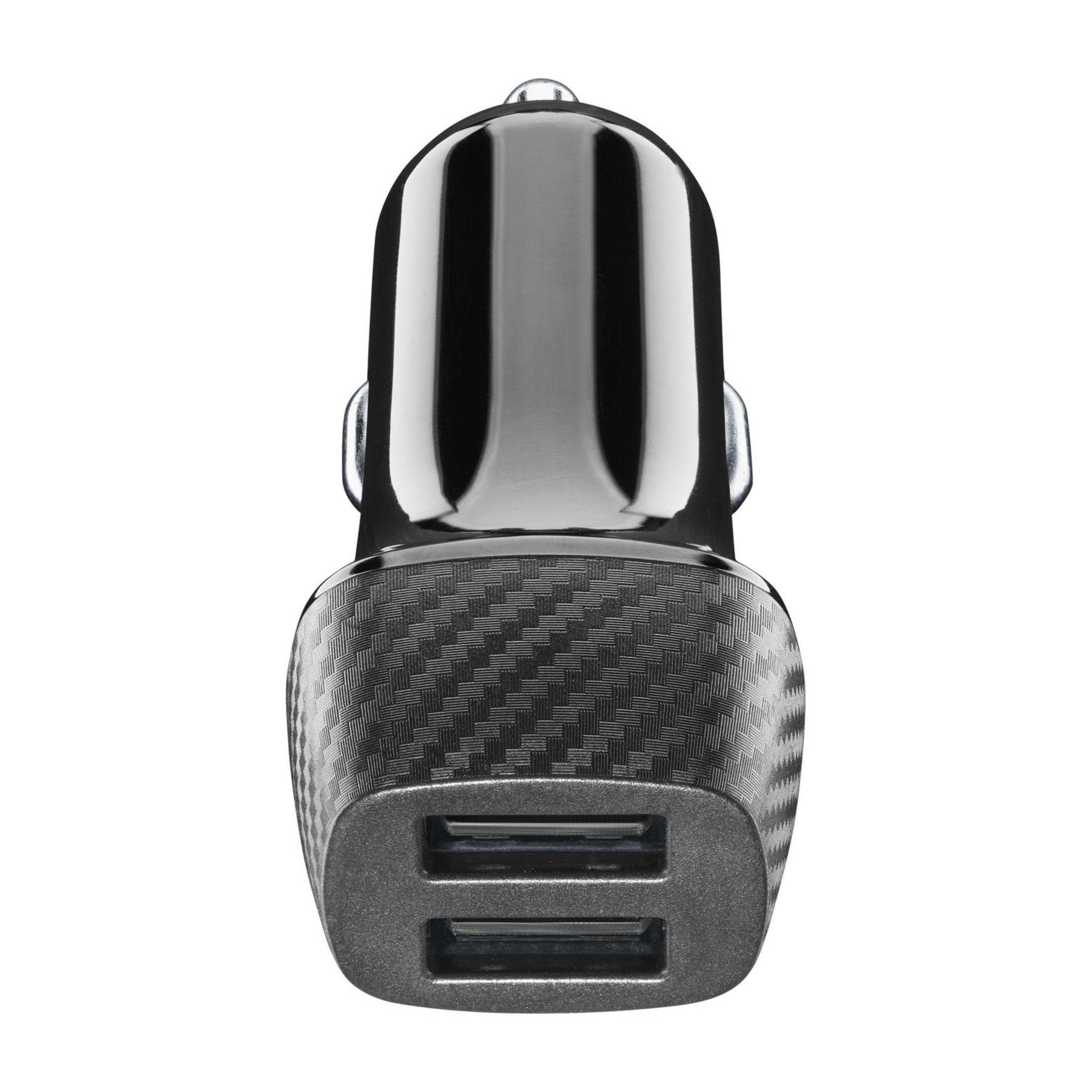 Schwarzer USB-Autoladegerät mit zwei Anschlüssen und Karbonfaser-Muster.