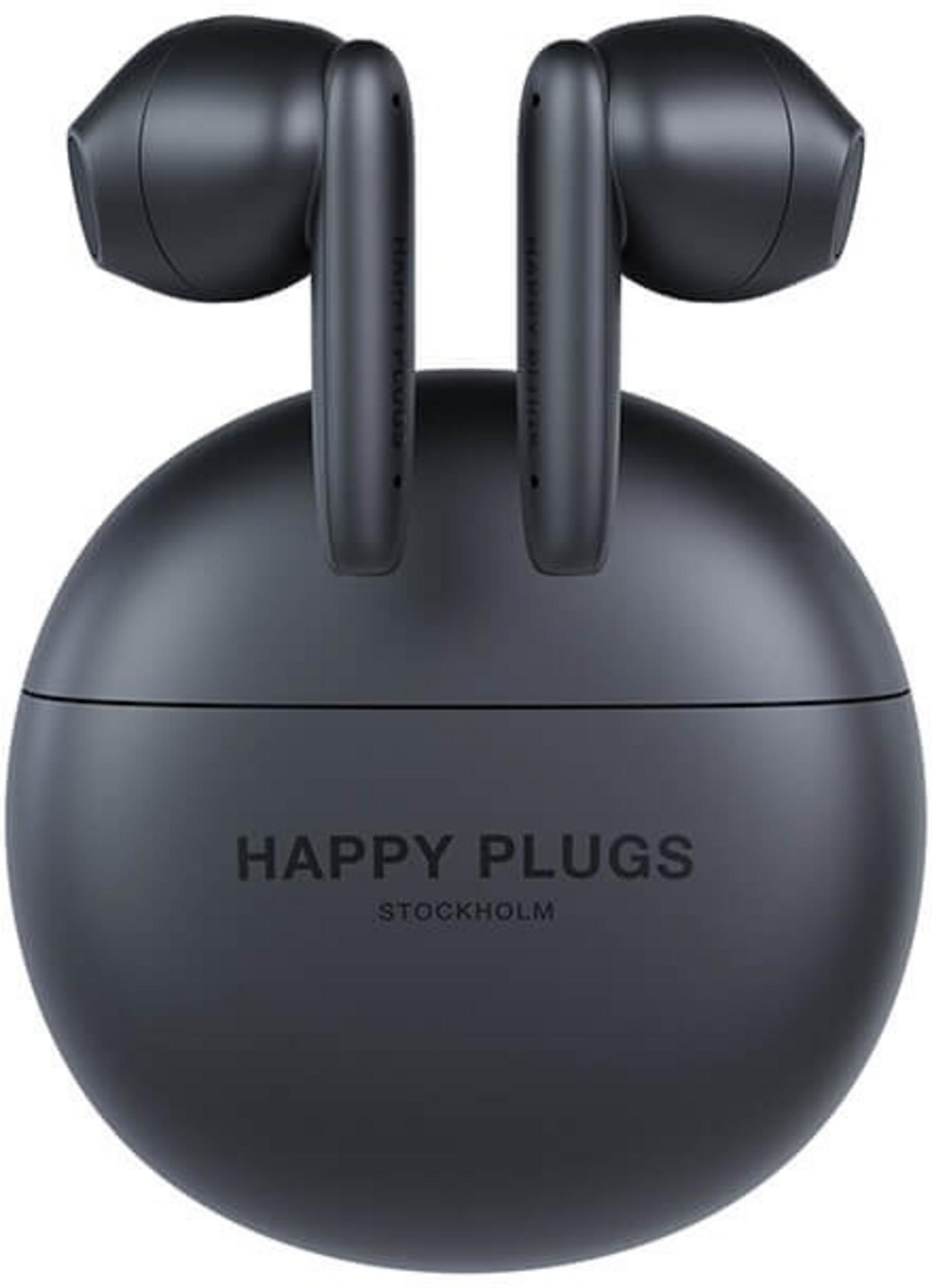 Auricolari wireless grigio scuro in una custodia di ricarica rotonda con marchio HAPPY PLUGS.
