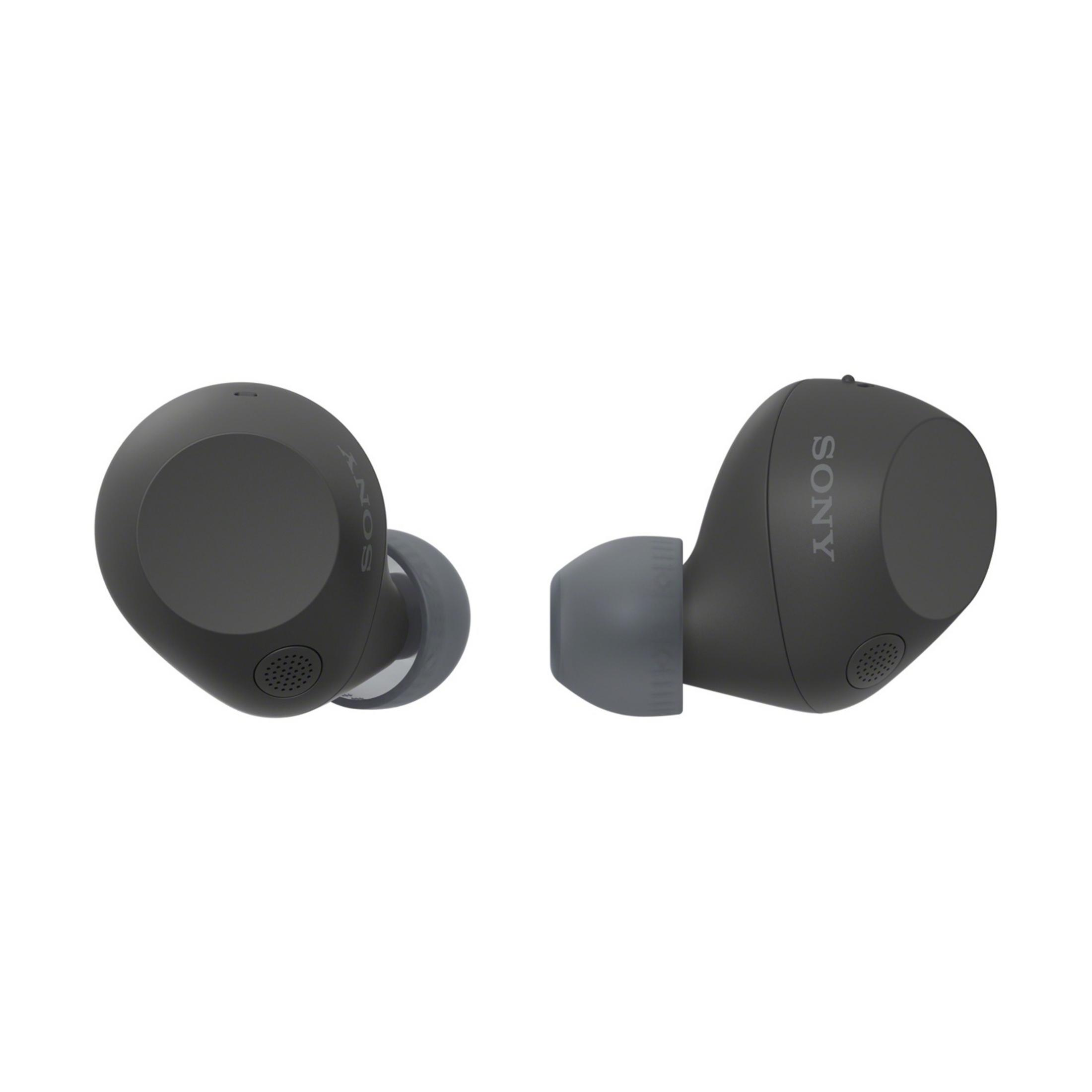 Due auricolari Sony neri con punte in silicone grigio su sfondo bianco.