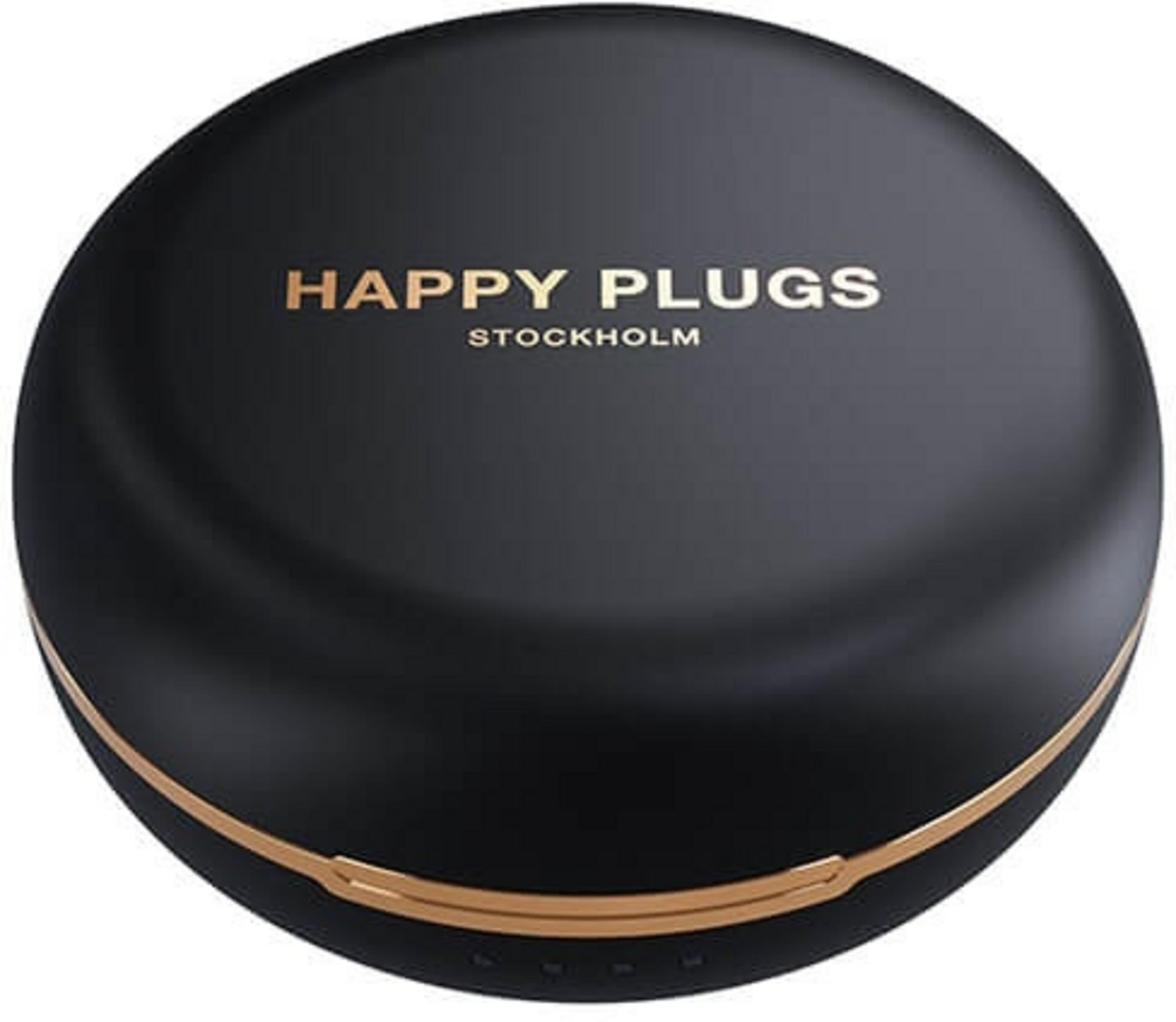 Custodia di ricarica nera con bordo dorato e testo "Happy Plugs Stockholm".