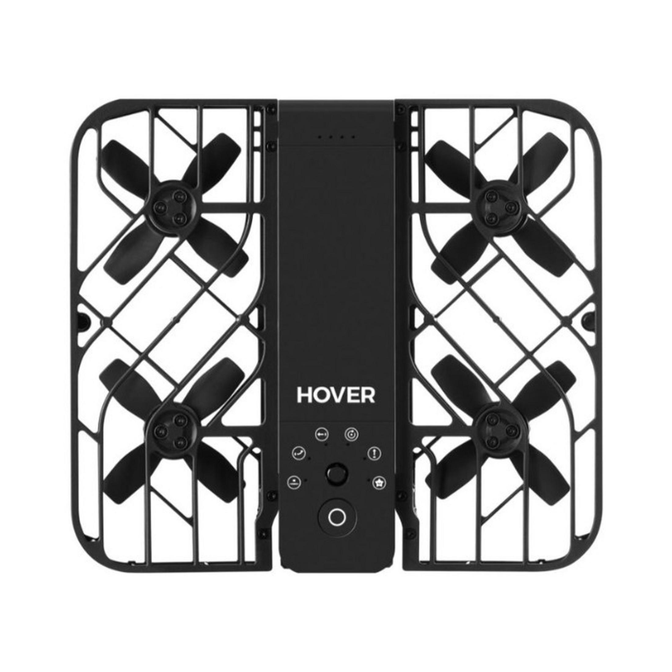 Schwarzer Mini-Drohne mit vier Propellern und Schutzgitter. Aufschrift 'HOVER'.