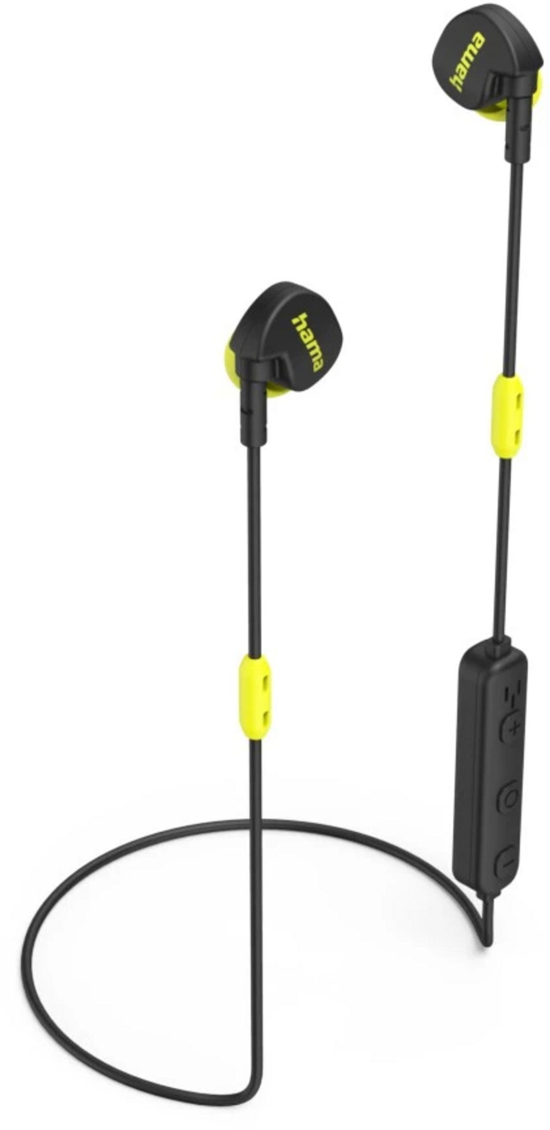 Czarne słuchawki Hama z żółtymi akcentami i pilotem na kablu.