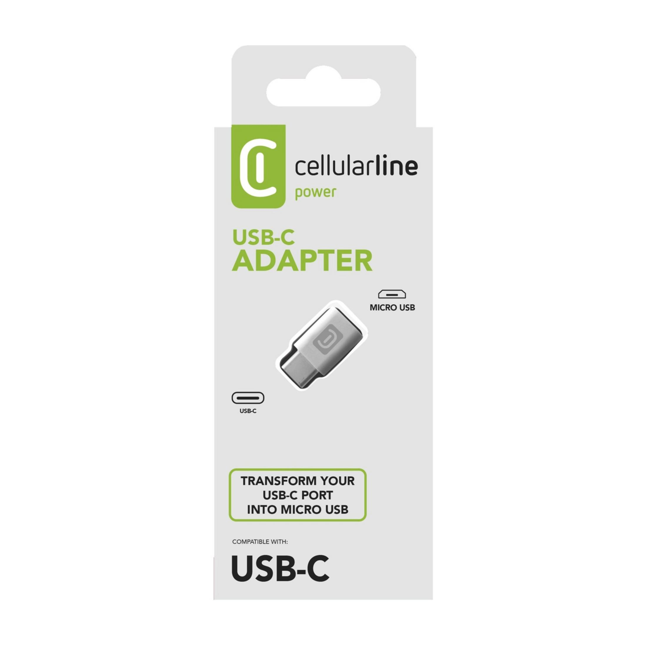 Adattatore Cellularline da USB-C a Micro USB su confezione bianca.