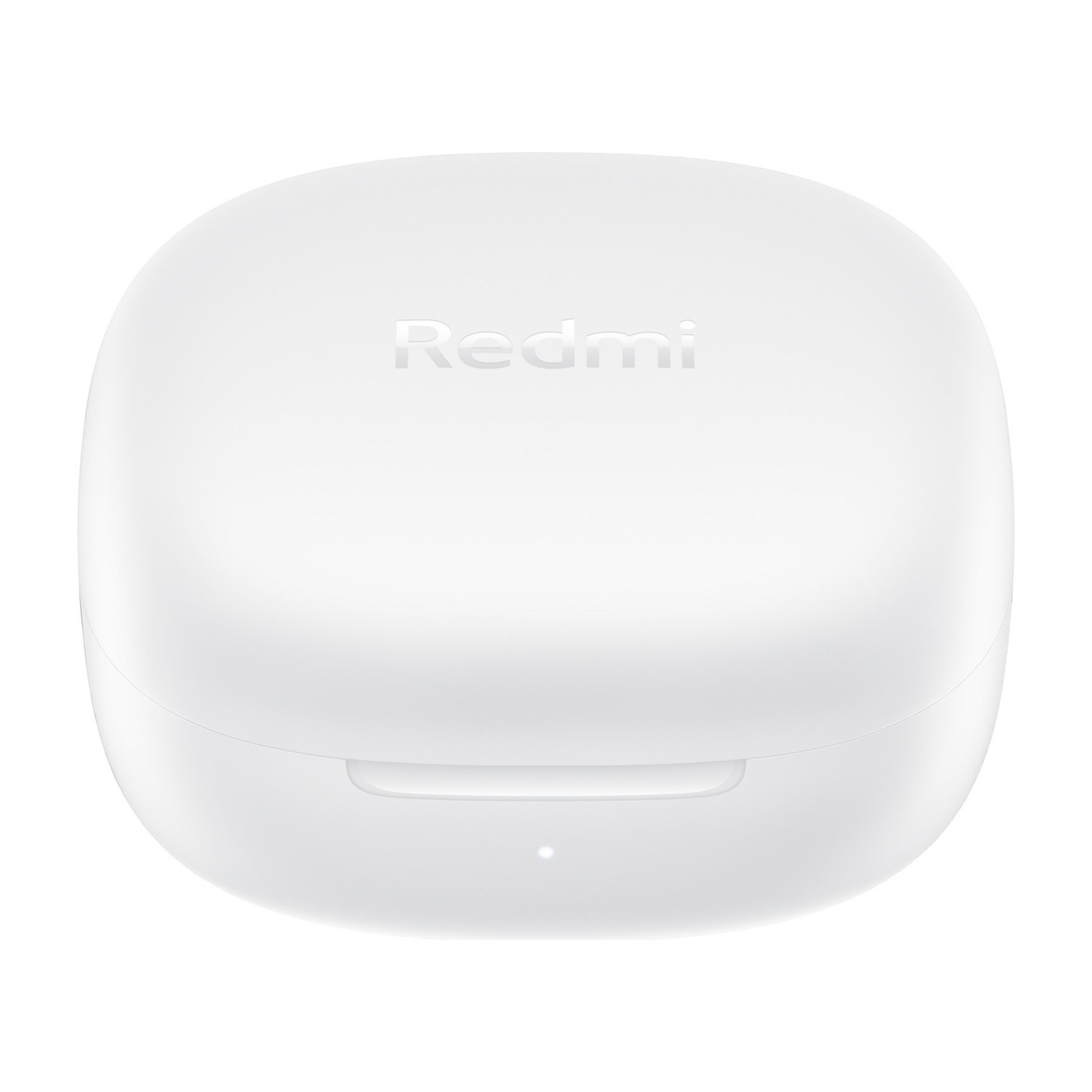 Gesloten witte oplaadcase voor oordopjes met Redmi-logo.