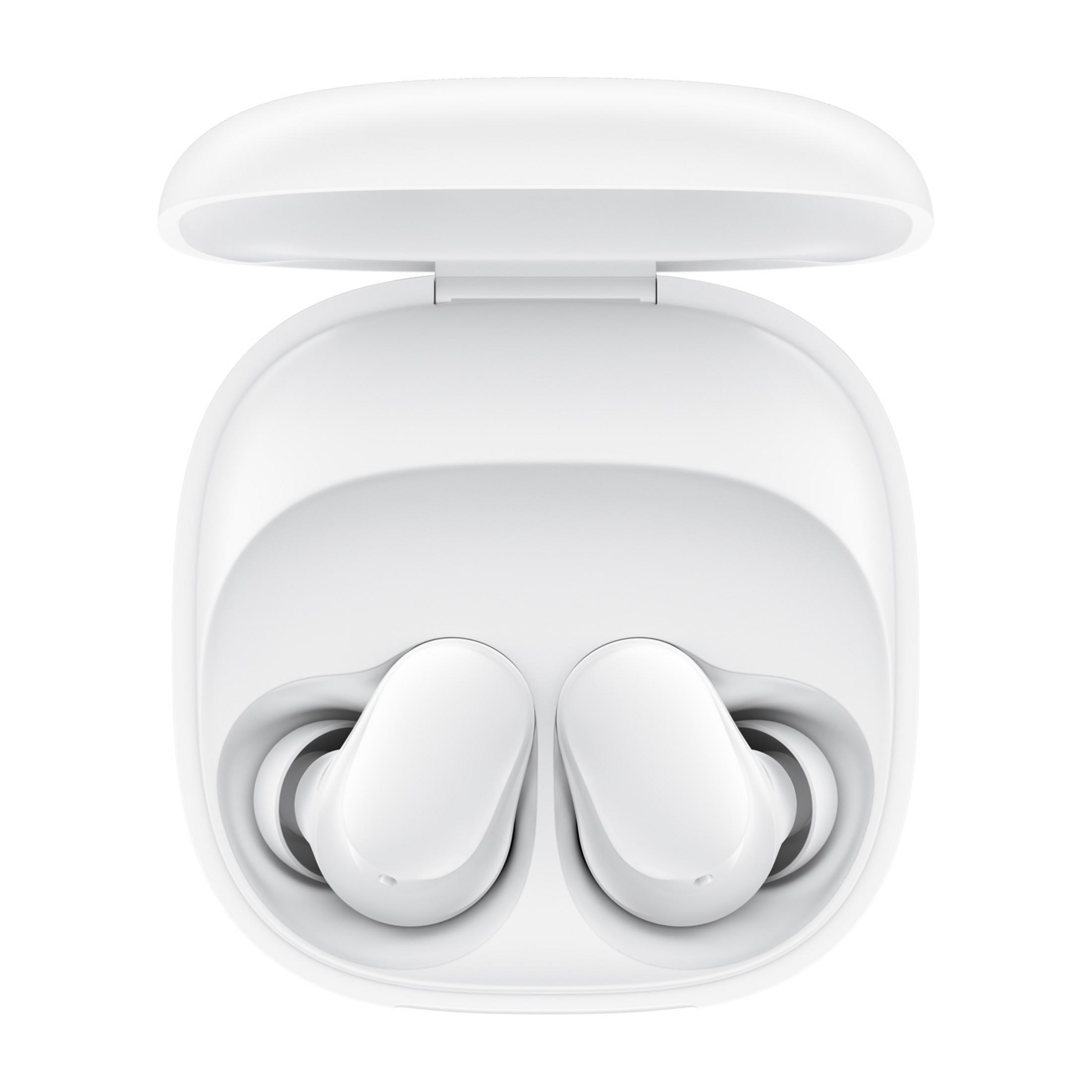 Witte draadloze oordopjes in een open witte oplaadcase.