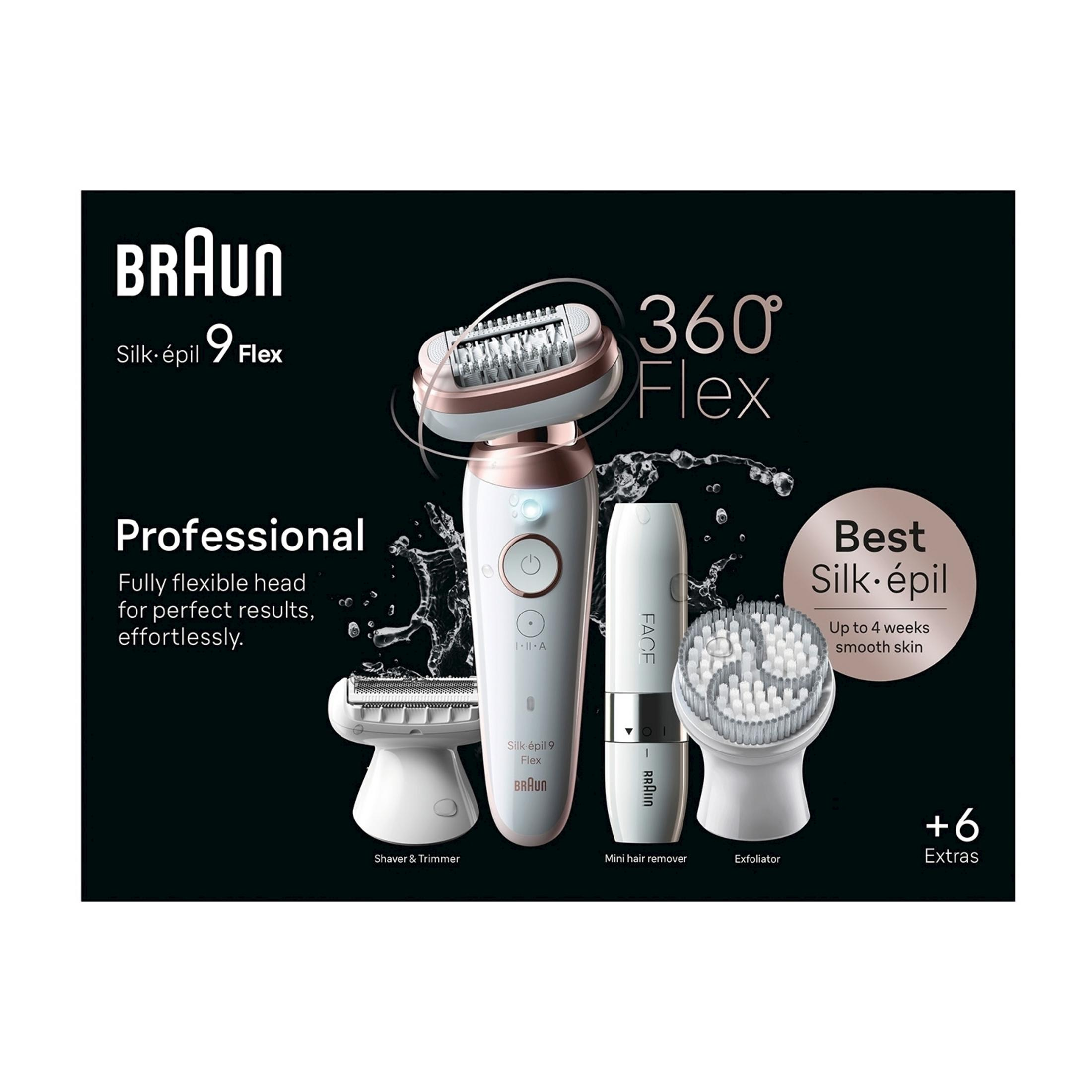 Depilator Braun Silk-épil 9 Flex z nasadkami do golenia, mini depilacji i peelingu.