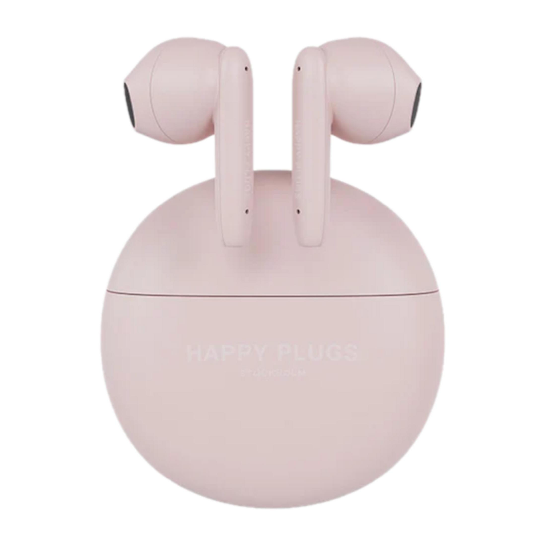 Un paio di auricolari wireless rosa in una custodia di ricarica rotonda.