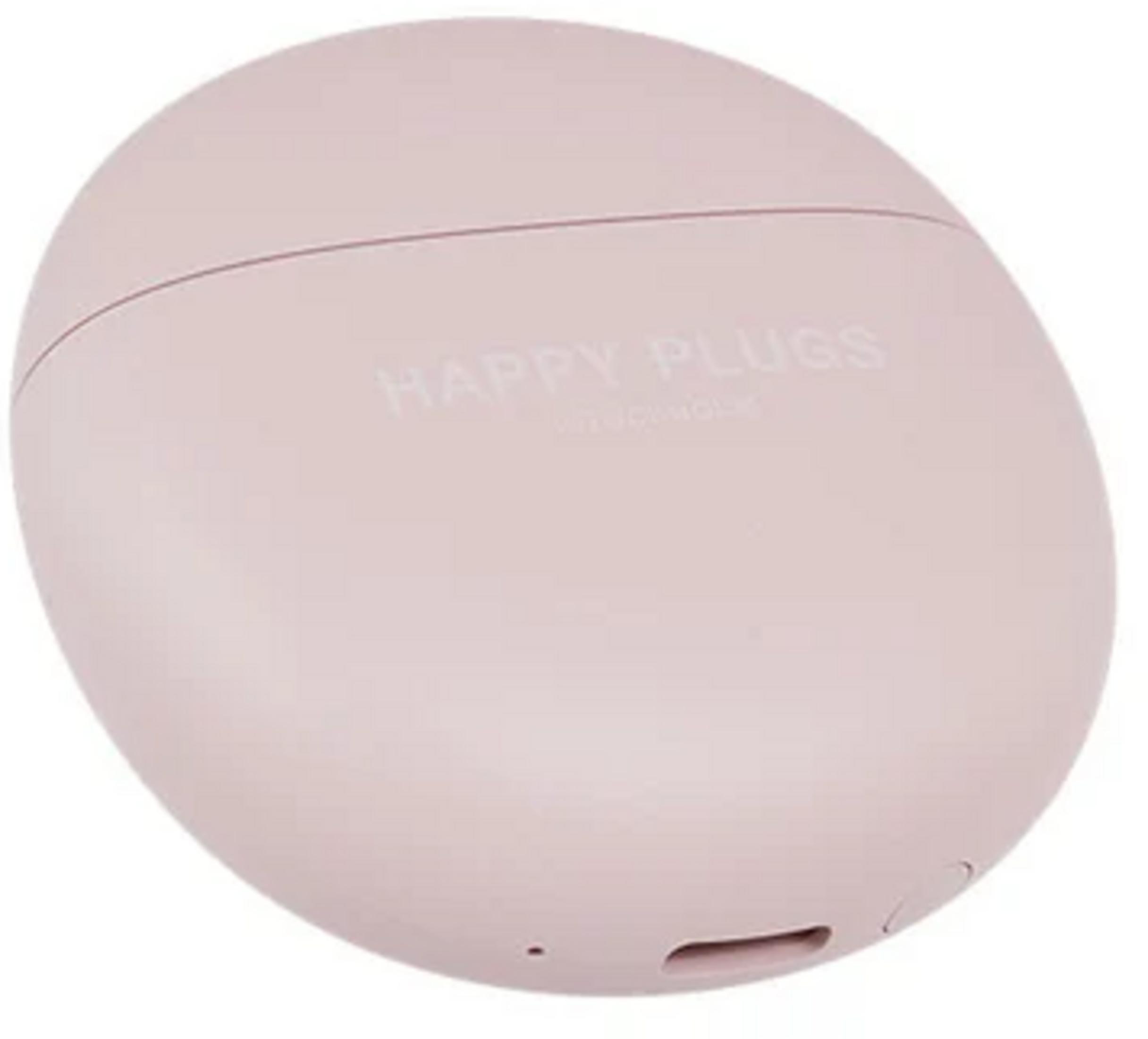 Una custodia di ricarica rosa per auricolari con il logo "Happy Plugs".