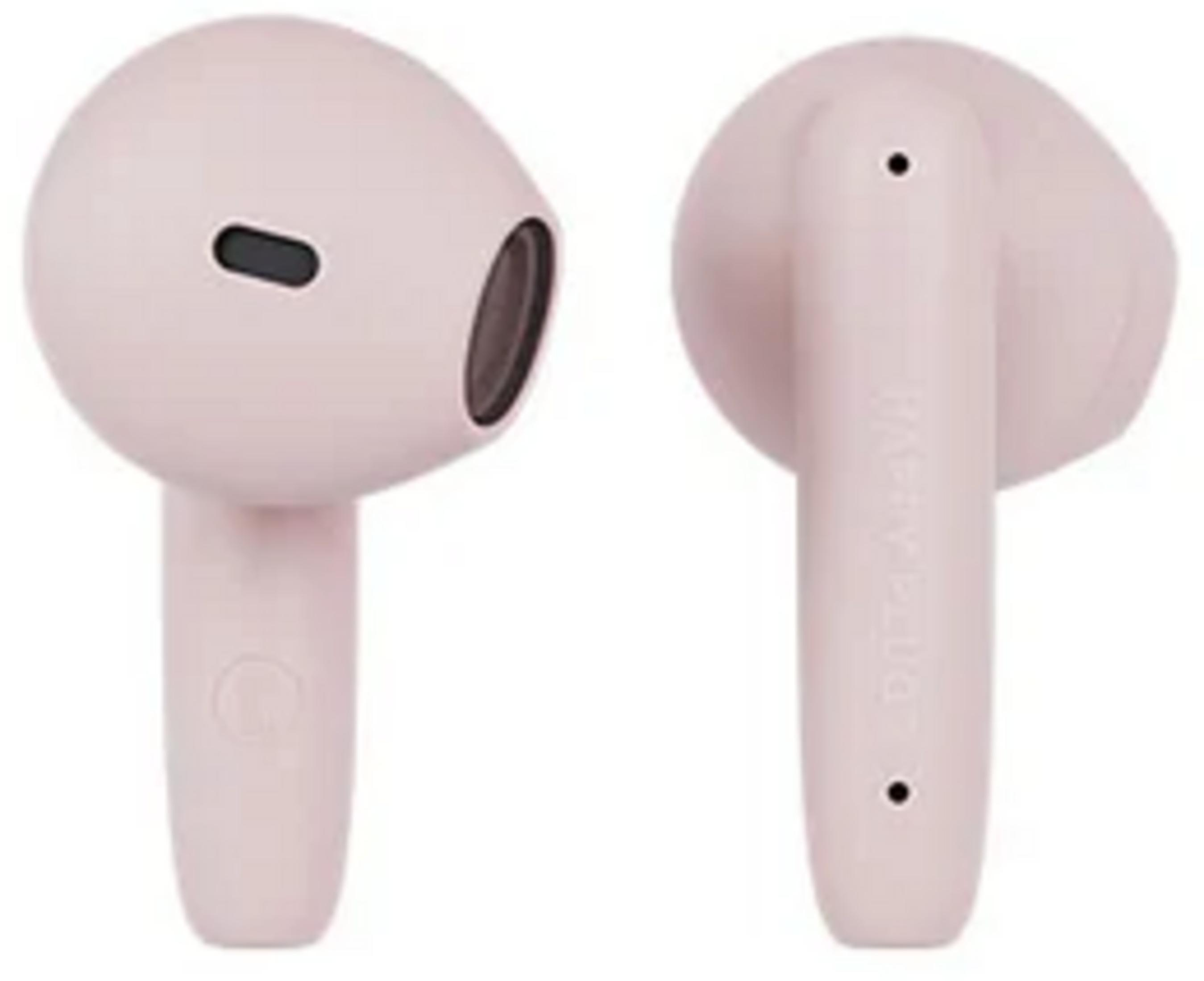 Due auricolari wireless rosa uno accanto all'altro su sfondo bianco.