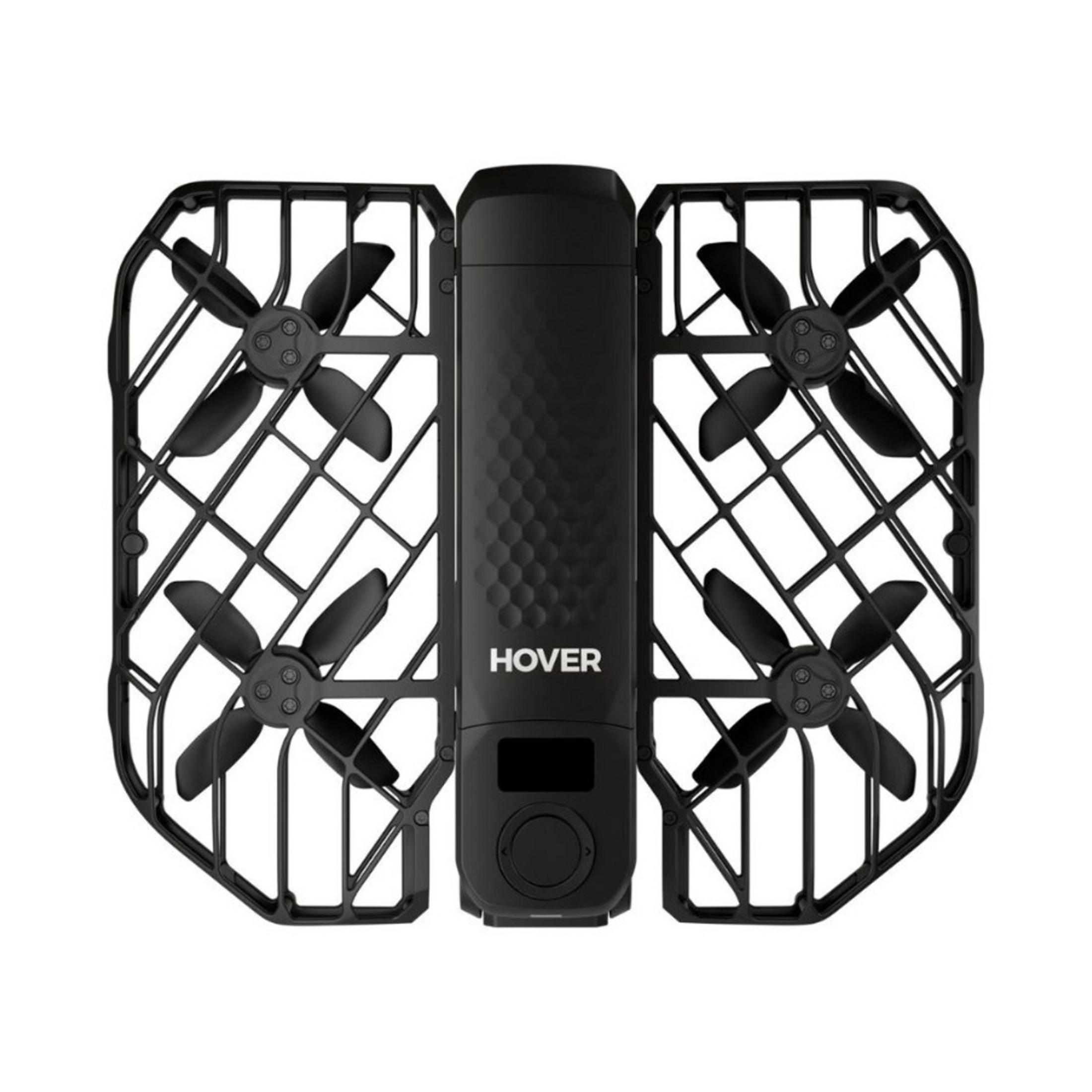 Czarny mini quadkopter ze osłonami śmigieł.