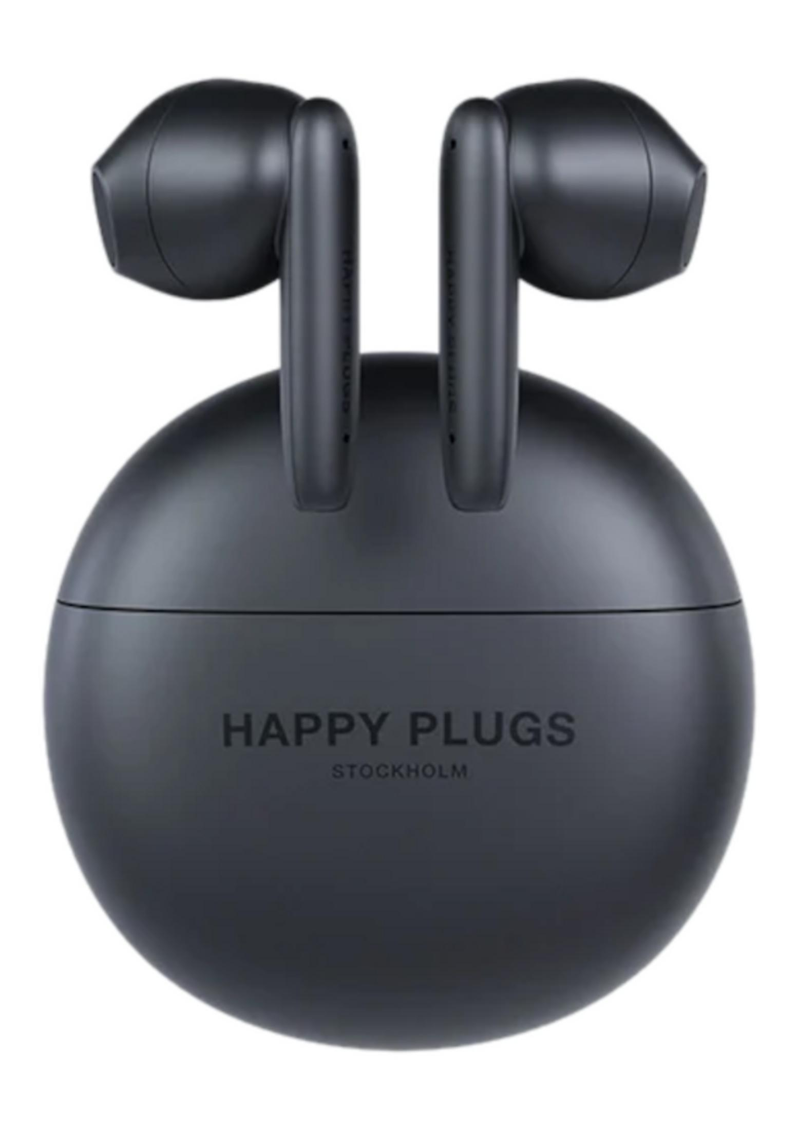 Auricolari wireless grigio scuro con custodia di ricarica. Happy Plugs Stockholm.