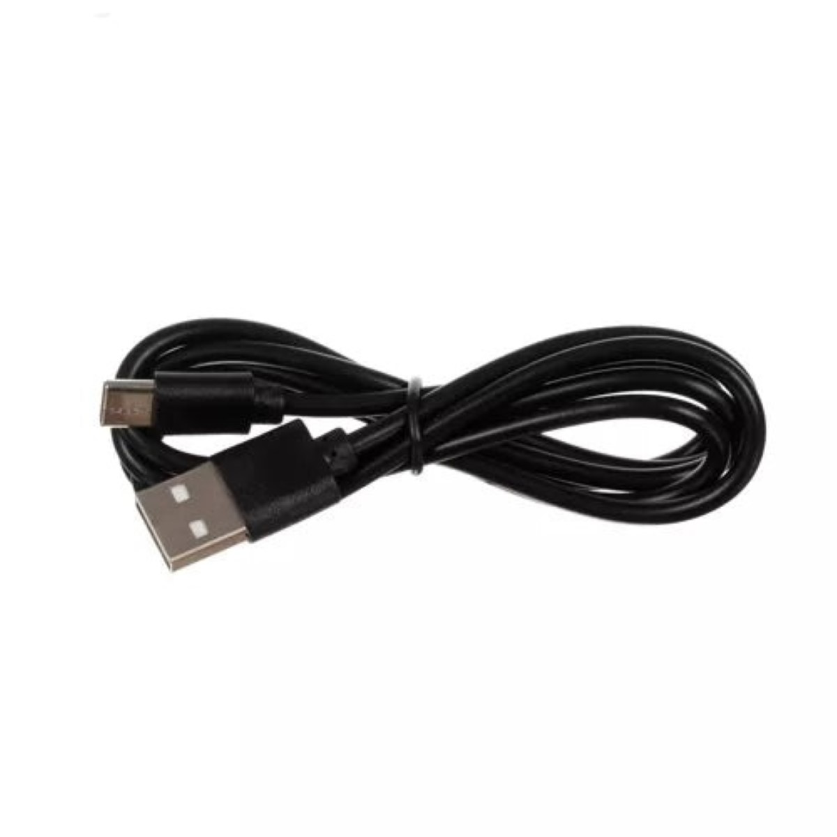 Cable USB-C negro, enrollado, con dos conectores.