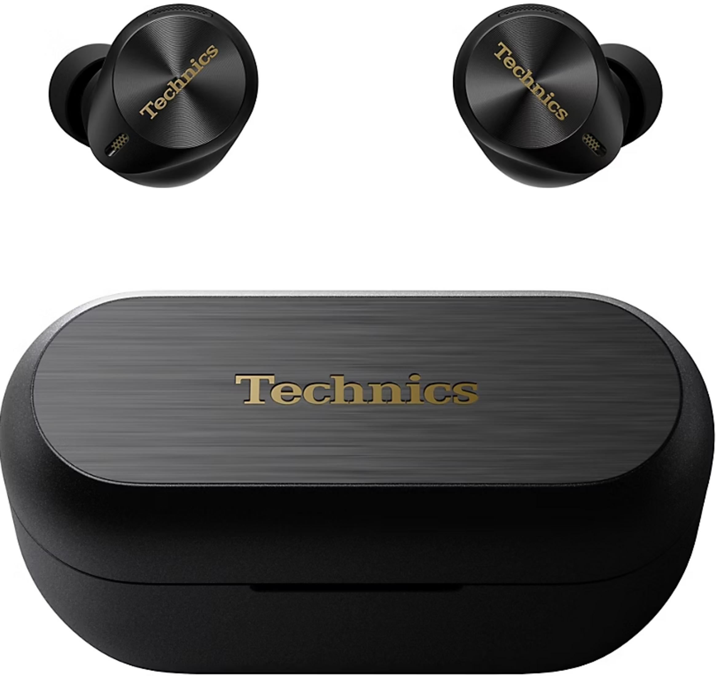 Auricolari e custodia di ricarica Technics neri con logo dorato.