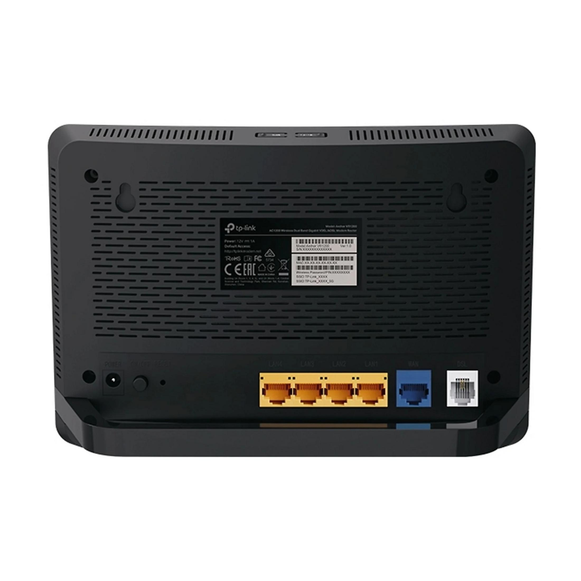 Widok z tyłu czarnego routera TP-Link pokazujący porty i etykiety.