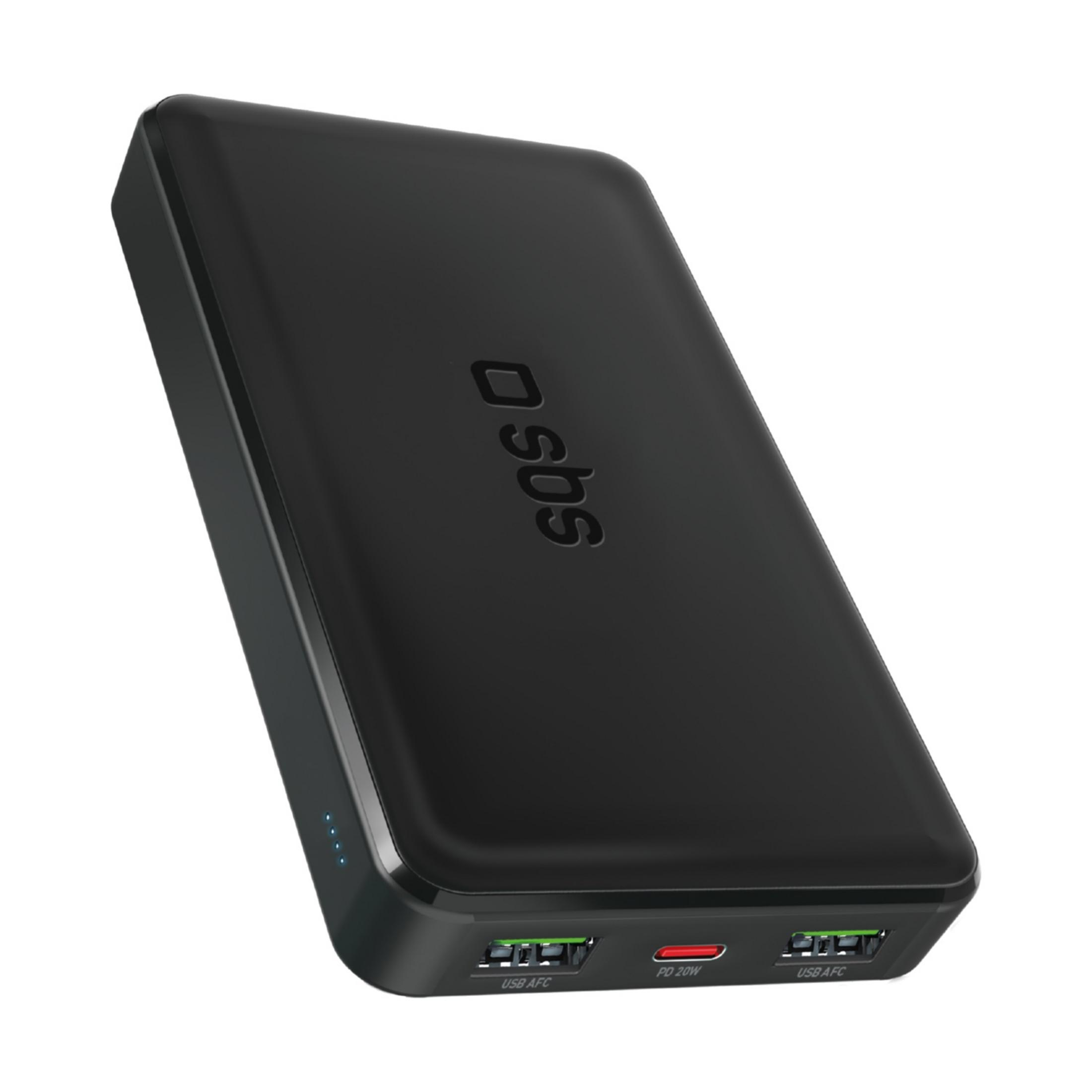 Power bank SBS nera con porte USB e spie di carica.
