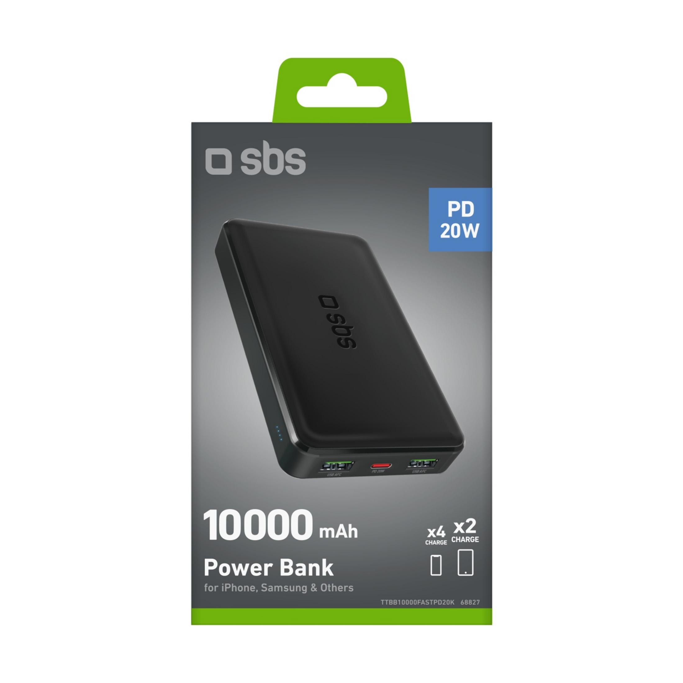 Power bank SBS nera, 10000 mAh, 20W PD, per iPhone/Samsung.