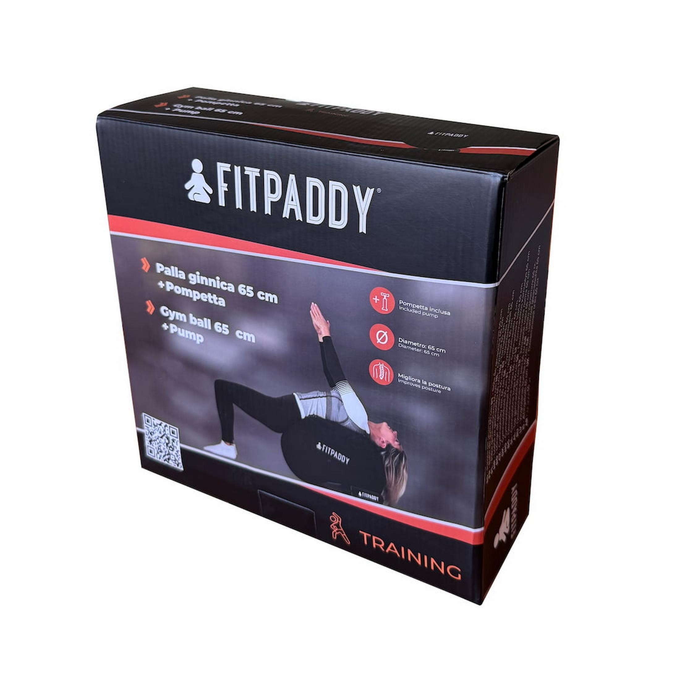 Caja FITPADDY con imagen de mujer en balón de gimnasia.