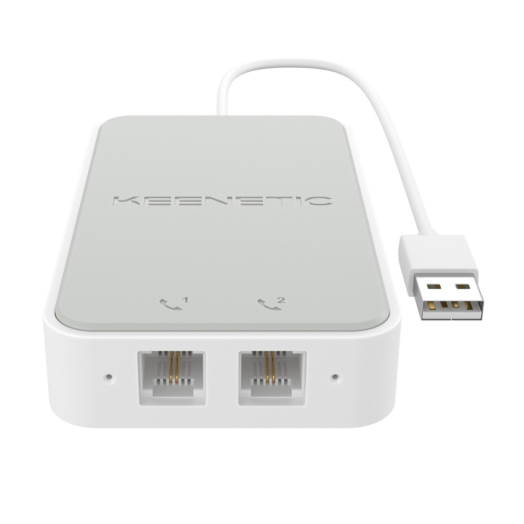 Un dispositivo Keenetic bianco con due porte telefoniche e un cavo USB.