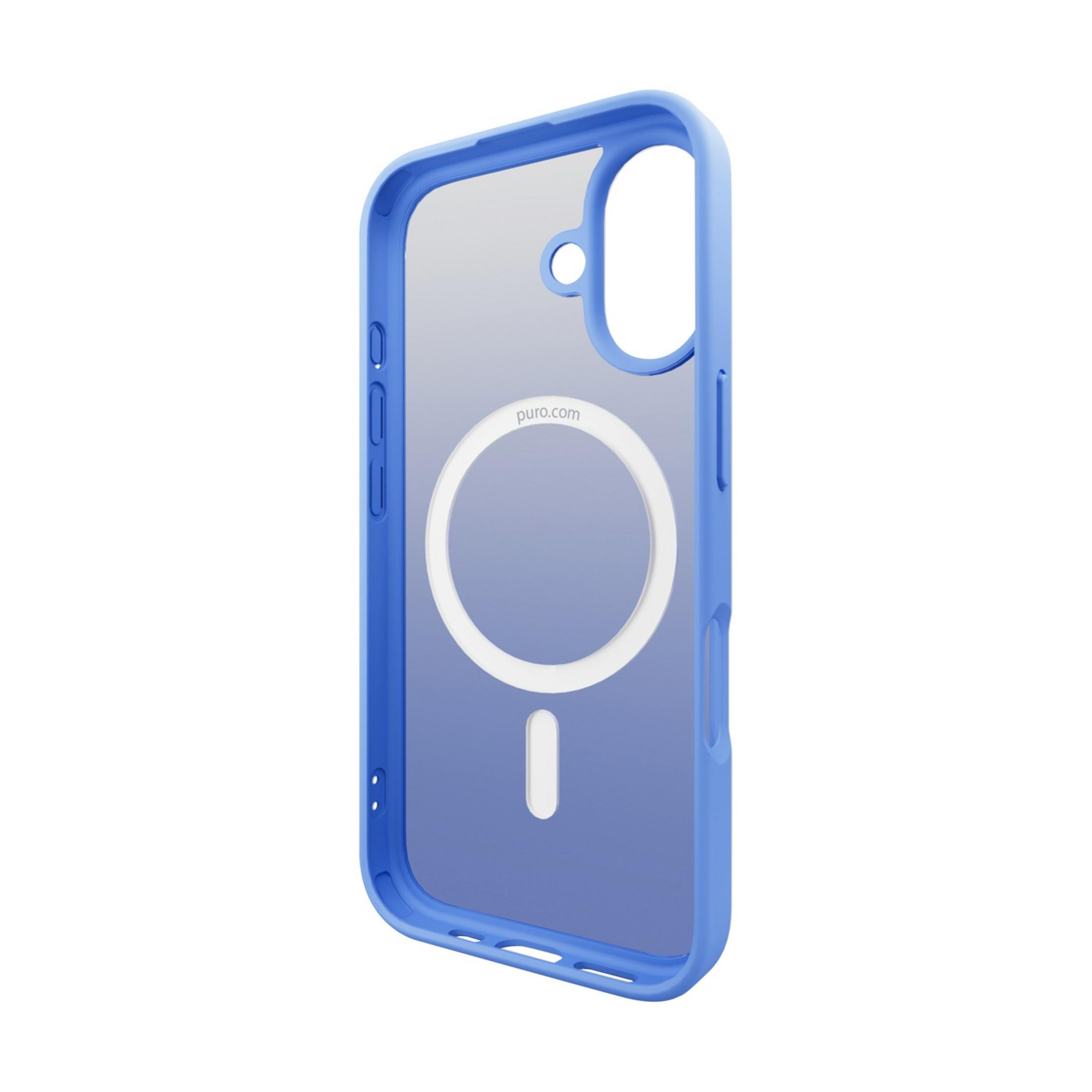 Blaue Hülle mit MagSafe-Ring und Aussparung für Kamera und Tasten.
