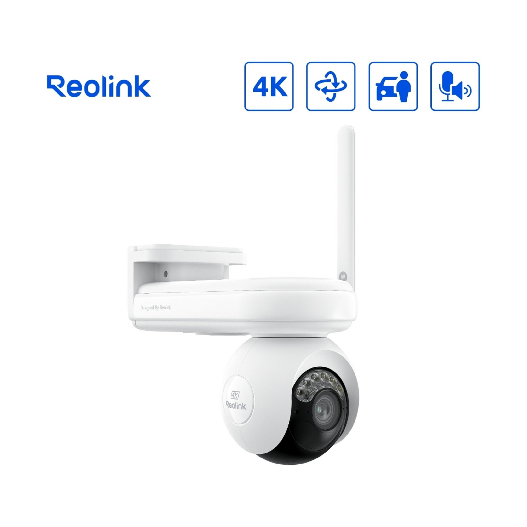 Telecamera di sicurezza Reolink 4K bianca con funzioni pan/tilt e rilevamento persone.