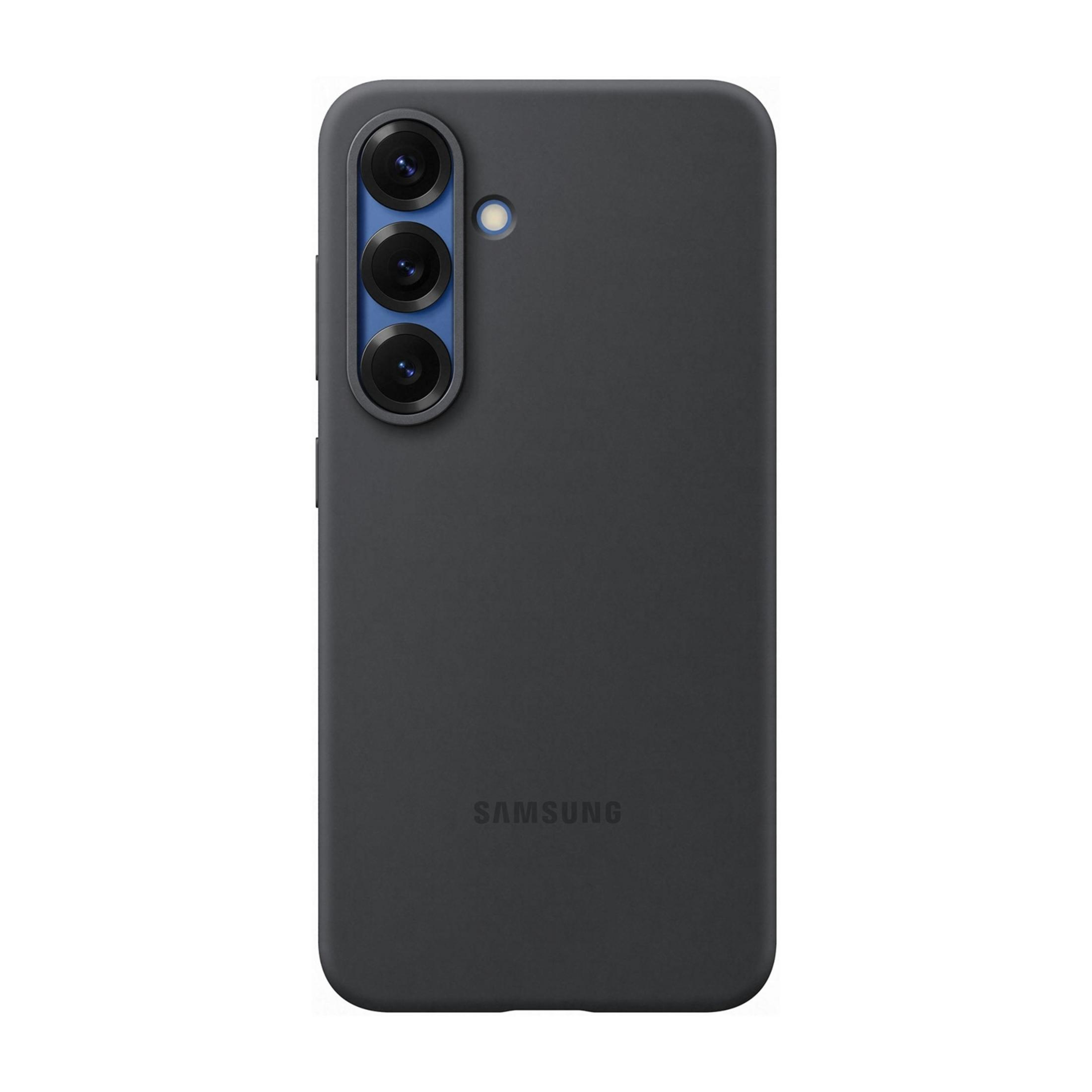 Custodia grigio scuro con tre lenti e logo Samsung.