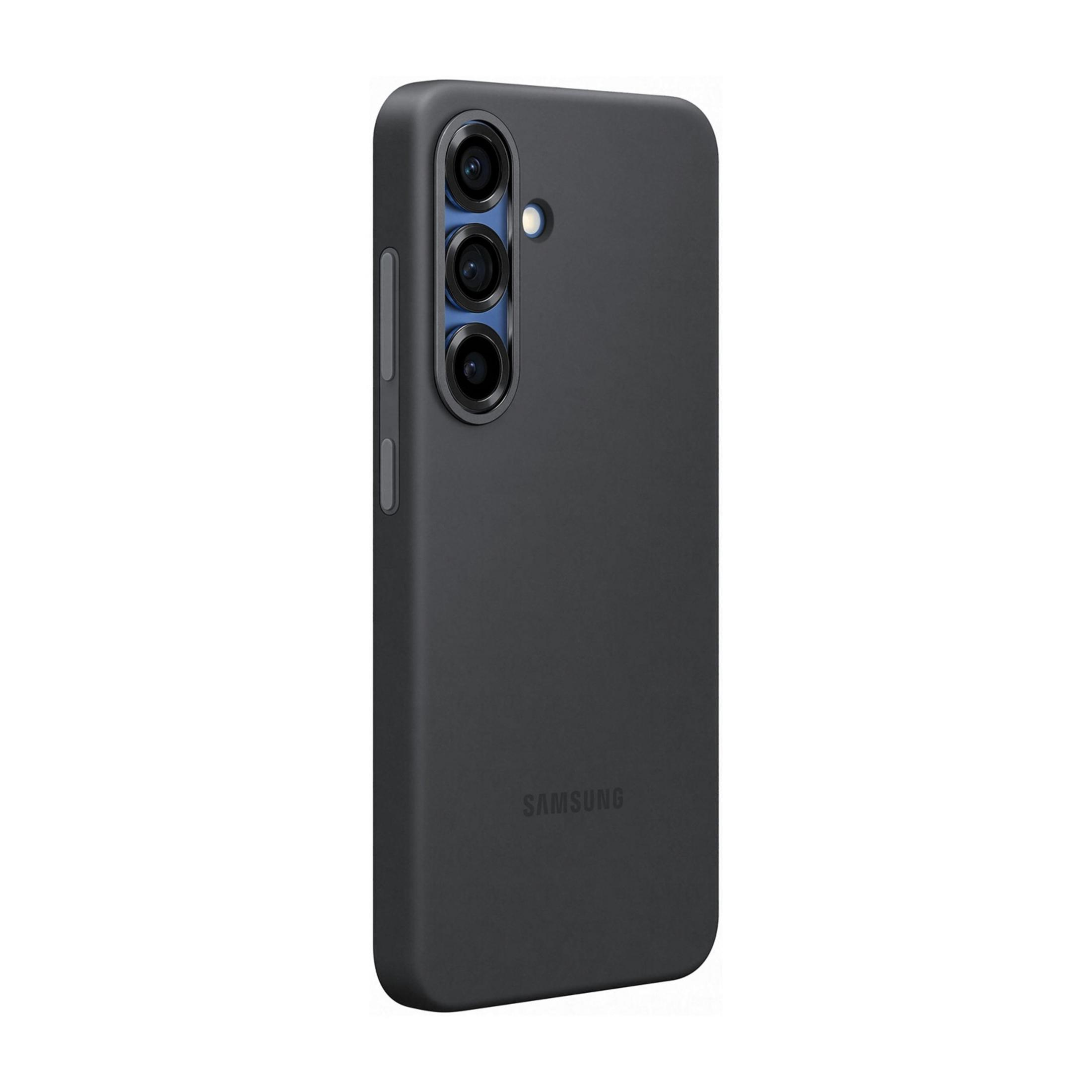 Custodia nera per telefono con tre fotocamere e logo Samsung.