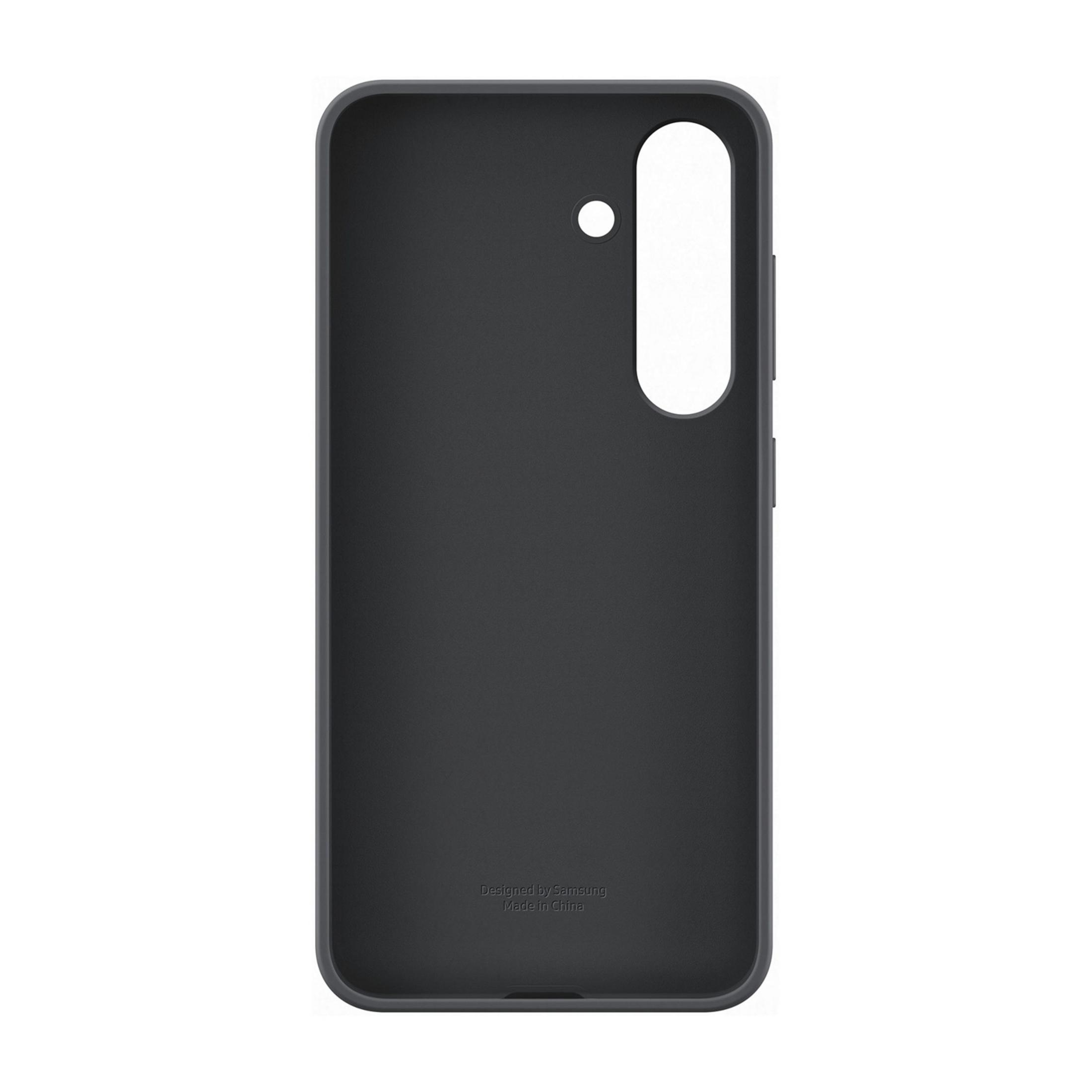Custodia grigio scuro per telefono con ritaglio fotocamera e logo Samsung.