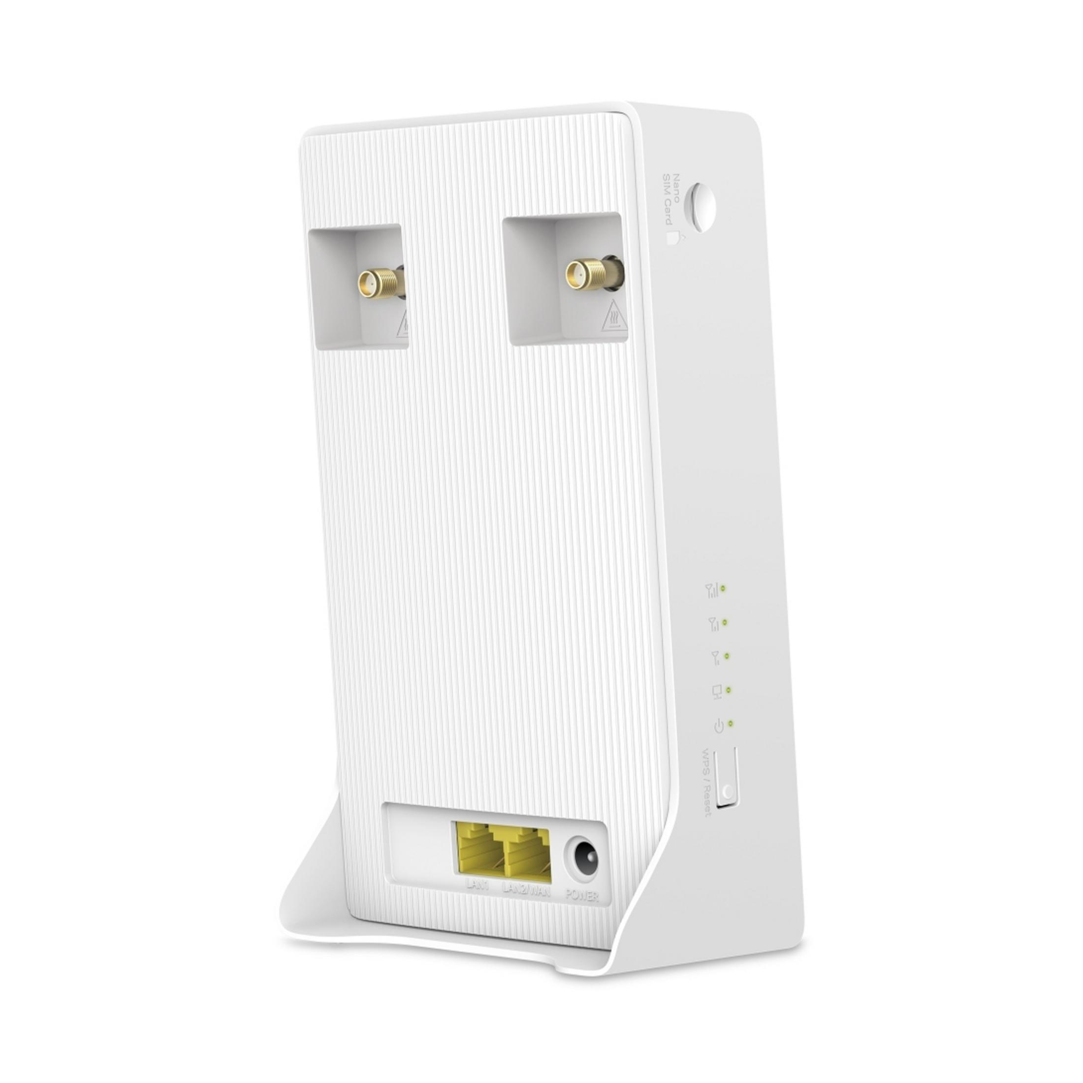 Un router bianco con porte e LED.