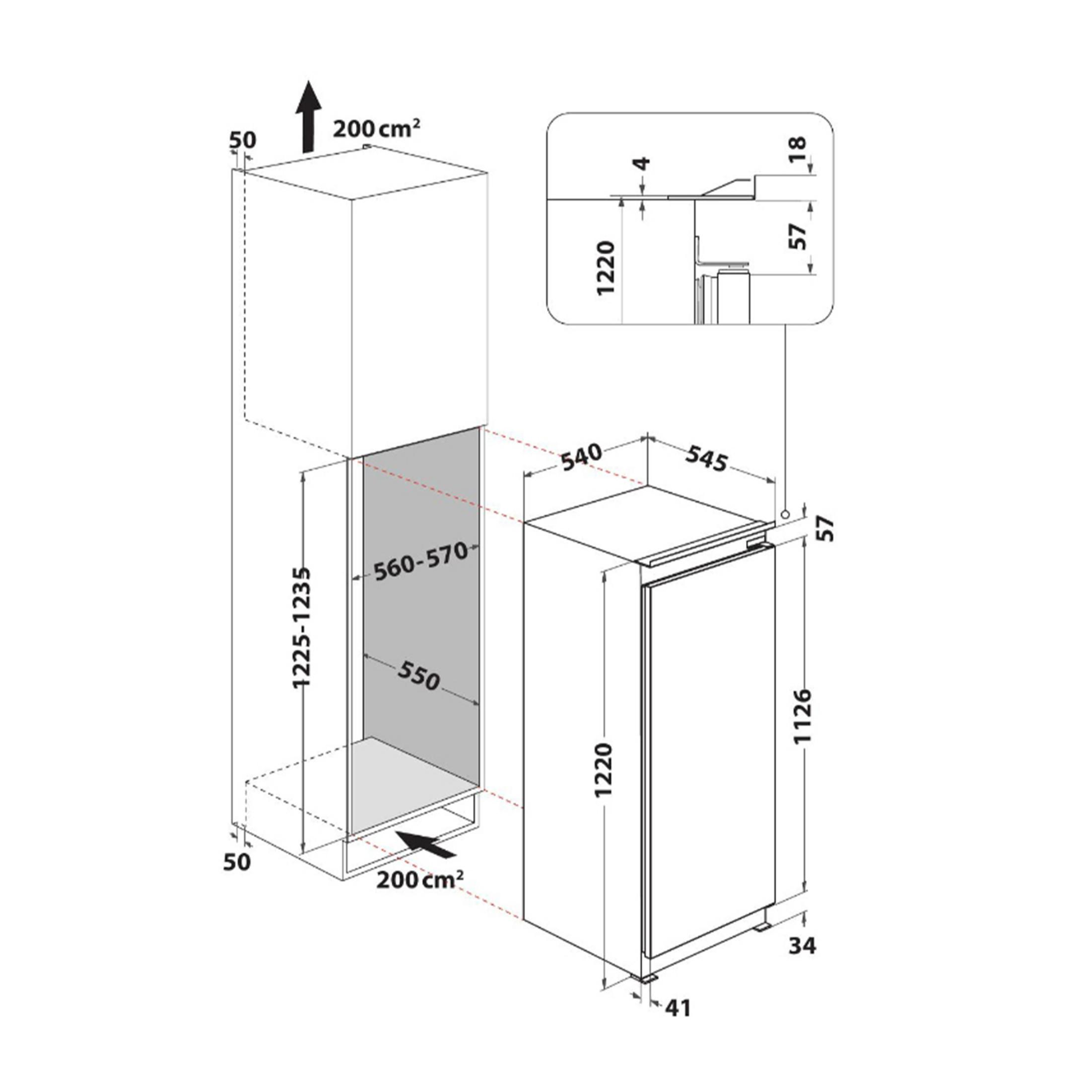Disegno tecnico di un frigorifero con dimensioni.