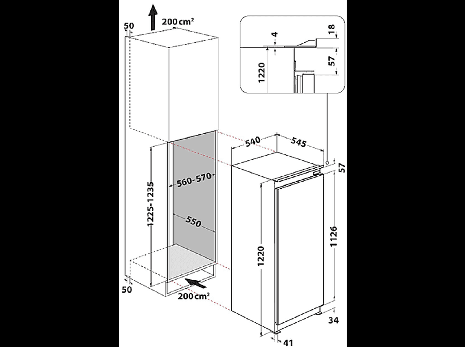 Disegno tecnico di un frigorifero con dimensioni.