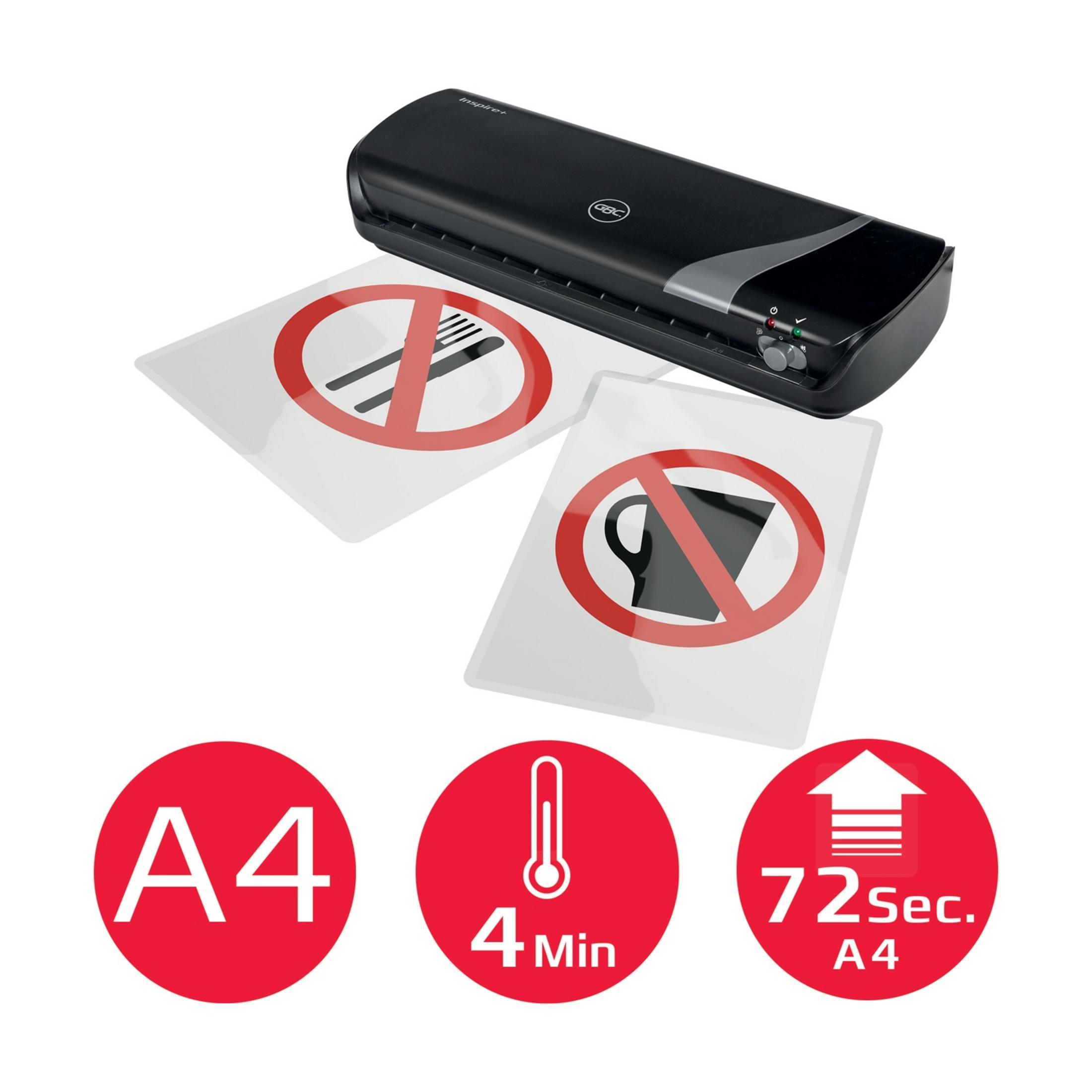 Plastificatrice nera con cartelli: no cibo, no bevande. A4, 4 min, 72 sec.