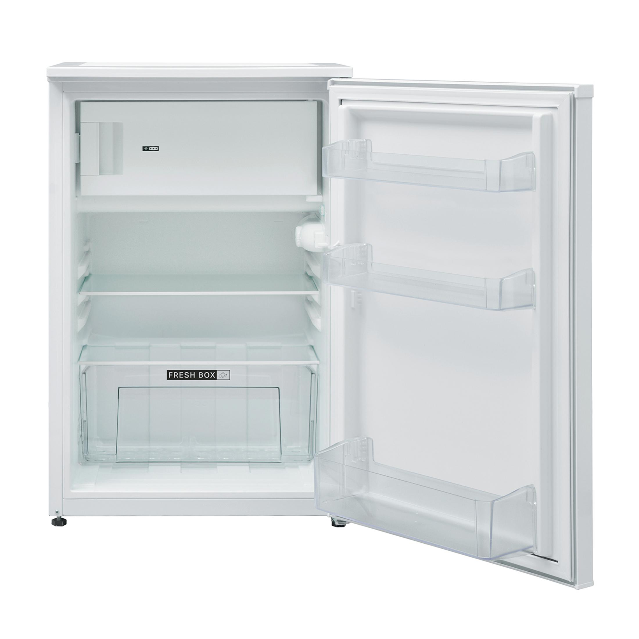 Un frigorifero bianco con porta aperta, con ripiani e un cassetto.