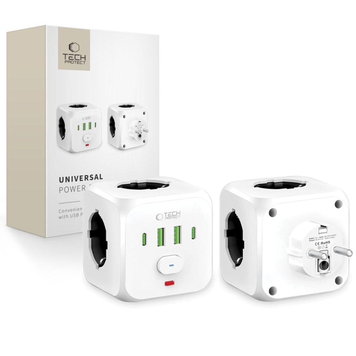 Weiße Universal-Reiseadapter mit USB-Anschlüssen und einem Stecker.